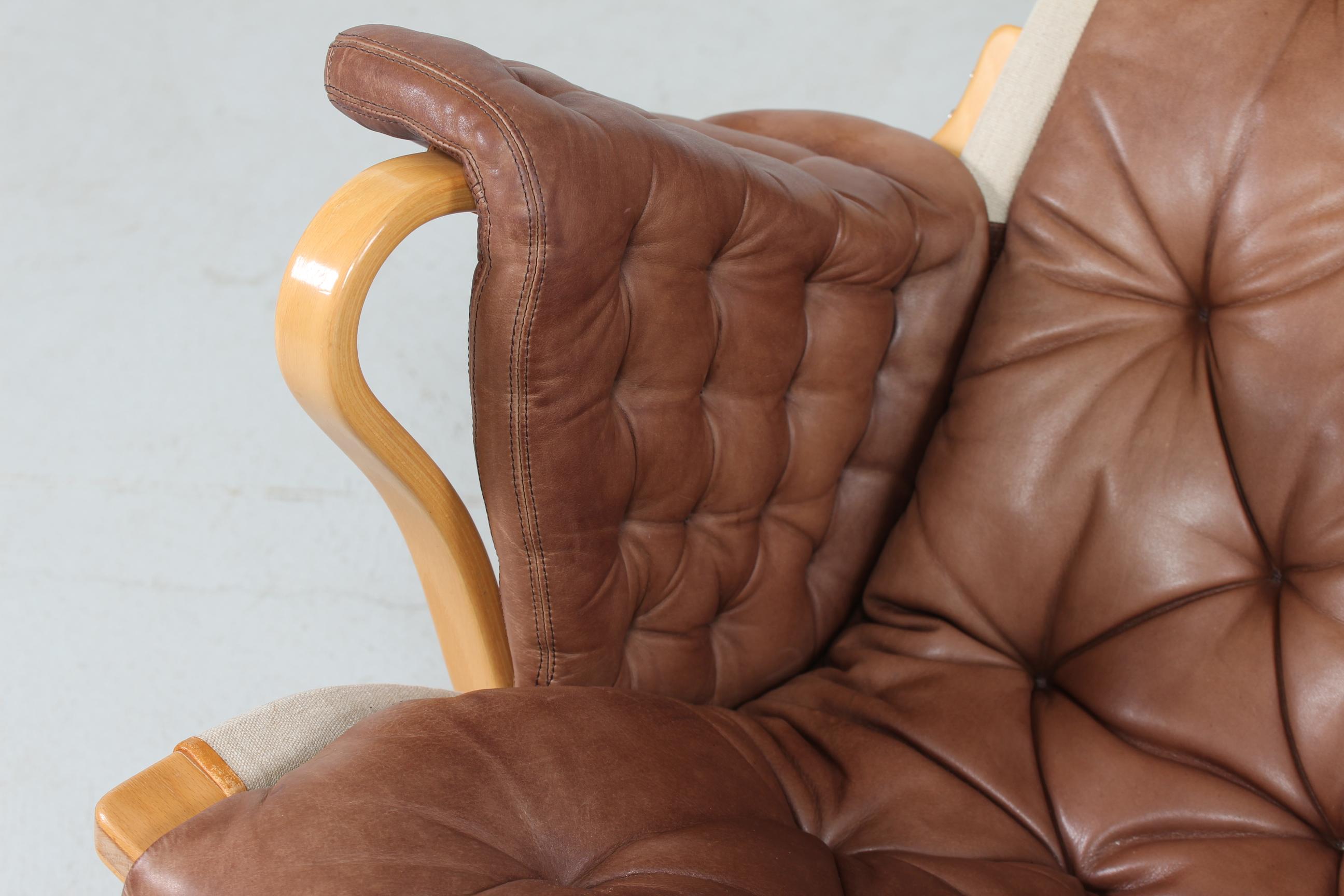 Lacquered Swedish Bruno Mathsson Pernilla Easy Chair of Beech and Cognac Colored Leather