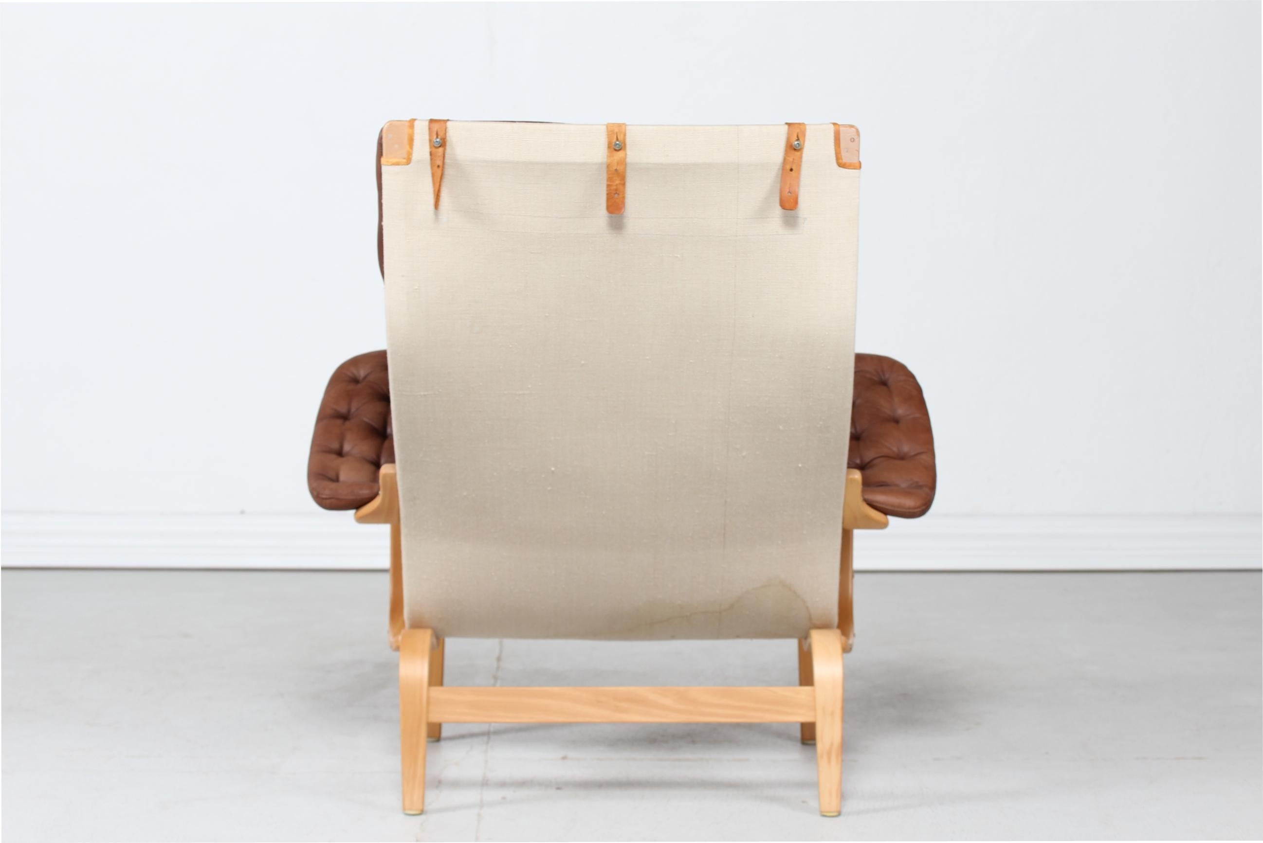 Swedish Bruno Mathsson Pernilla Easy Chair of Beech and Cognac Colored Leather 1