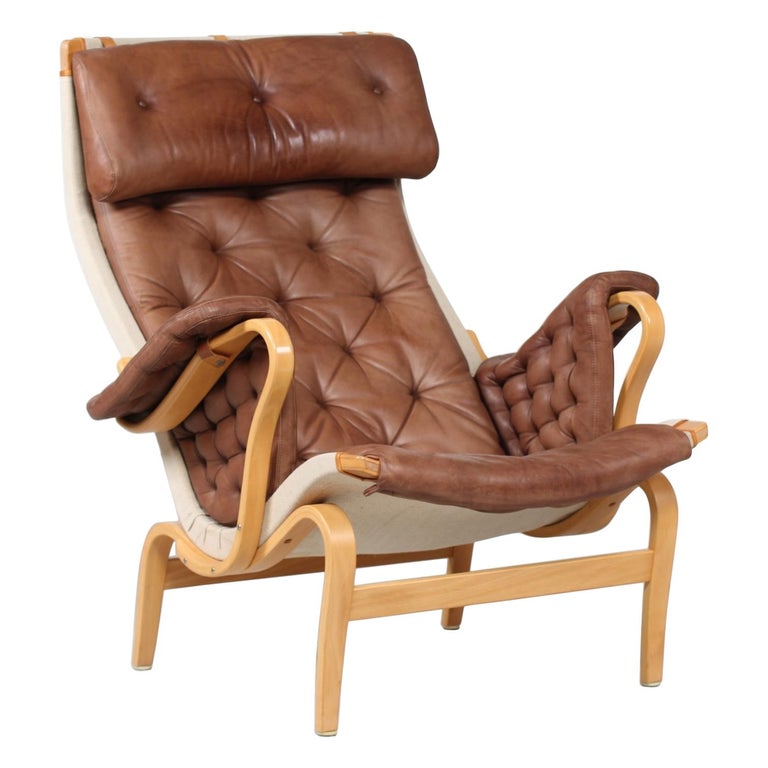Swedish Bruno Mathsson Pernilla Easy Chair of Beech and Cognac Colored Leather For Sale