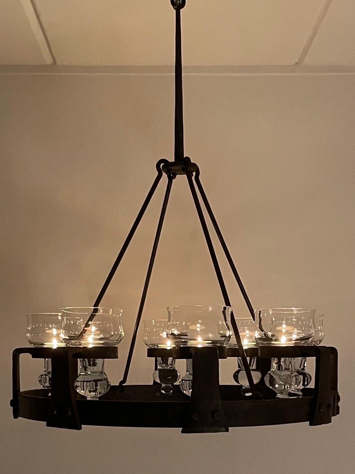 Swedish Brutalist 1970s Sport Cabin Chandelier in Wrought Iron by Erik Höglund im Angebot 1