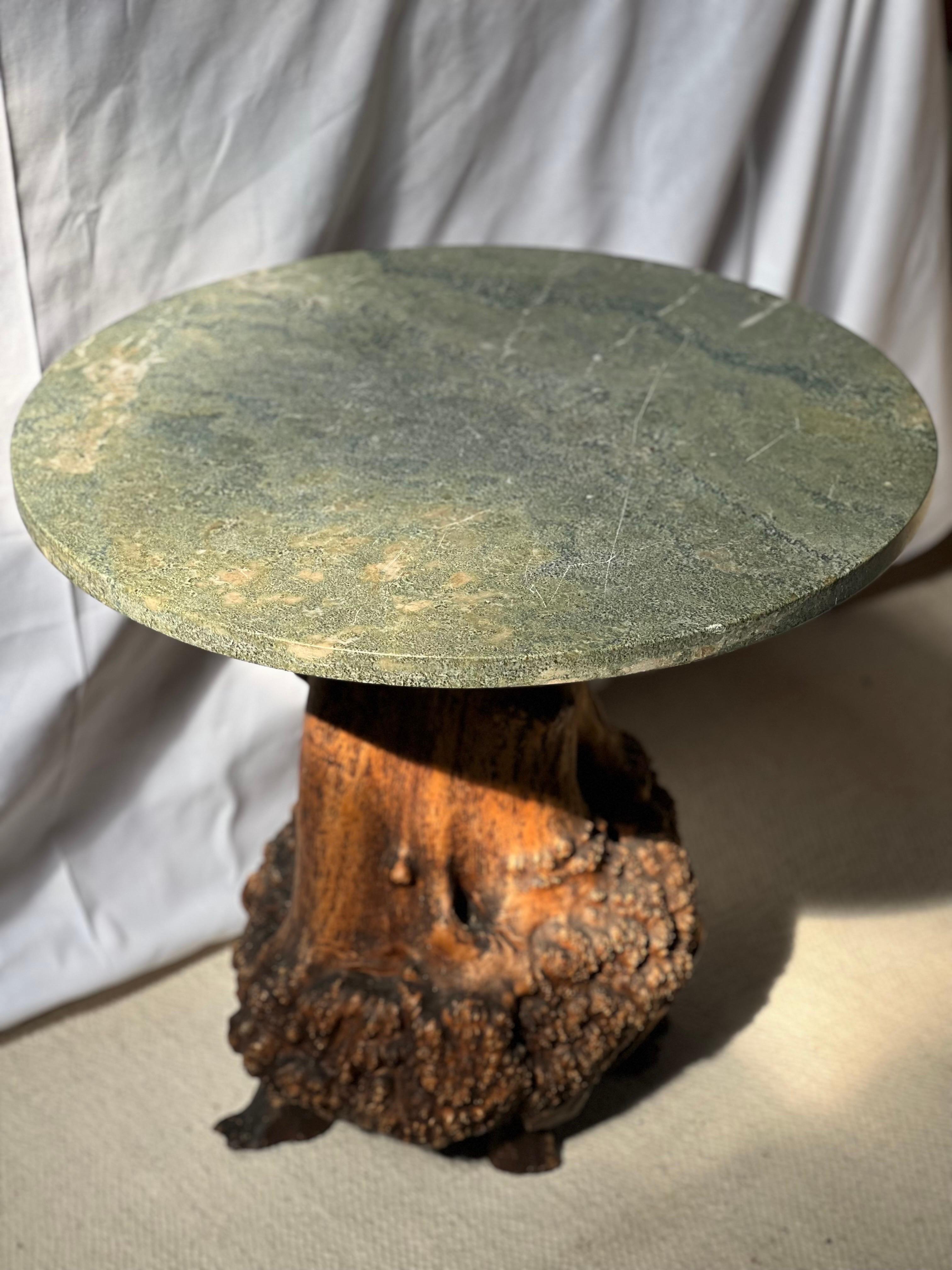 Hand-Carved Swedish Brutalist Tree Trunk Coffee Table, green marble 1940s Handmade Unique For Sale