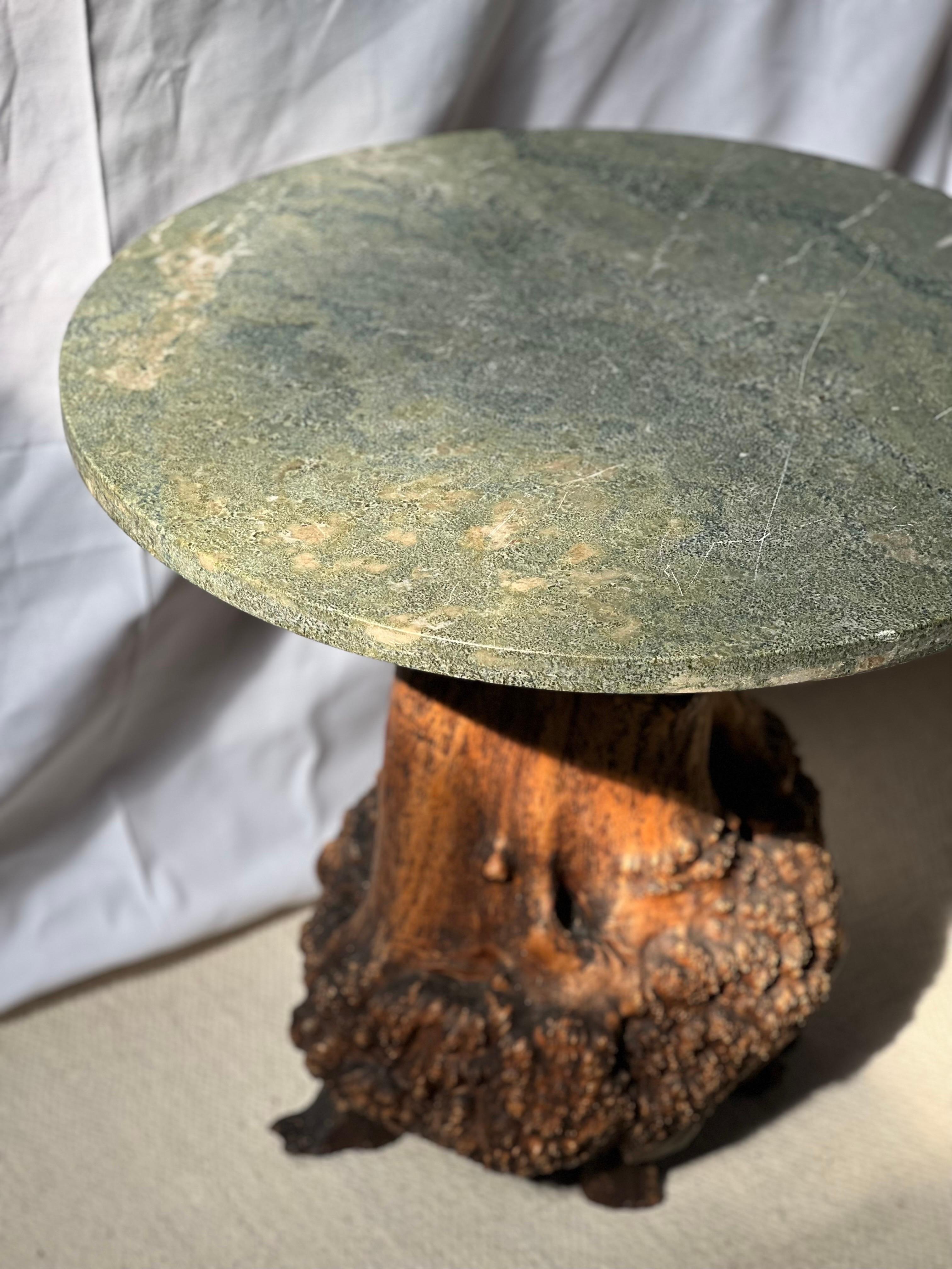 20th Century Swedish Brutalist Tree Trunk Coffee Table, green marble 1940s Handmade Unique For Sale
