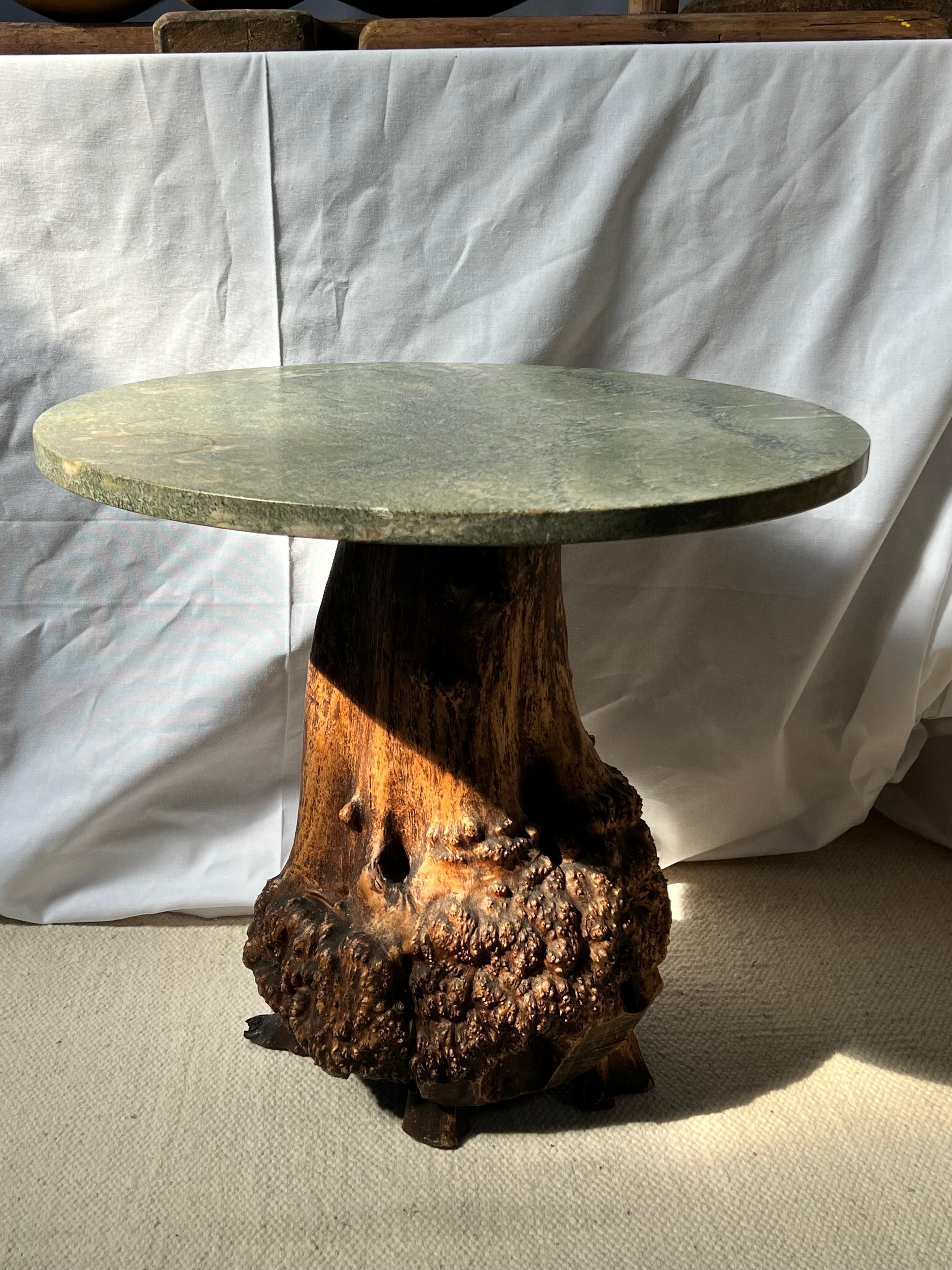 Hardwood Swedish Brutalist Tree Trunk Coffee Table, green marble 1940s Handmade Unique For Sale