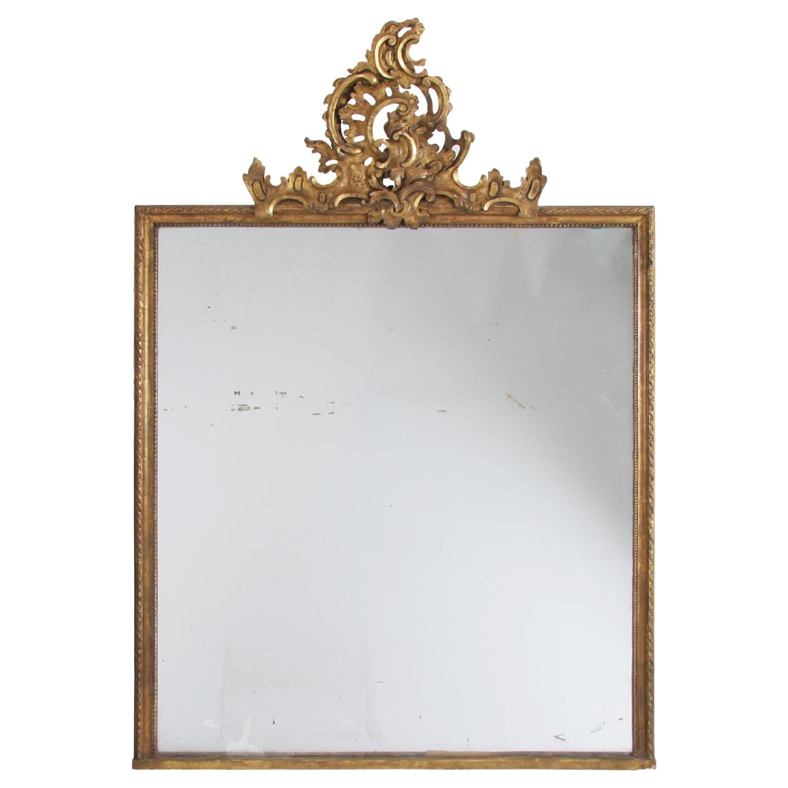 Swedish circa 1900 Giltwood Overmantle Mirror with Crest and Mercury Glass