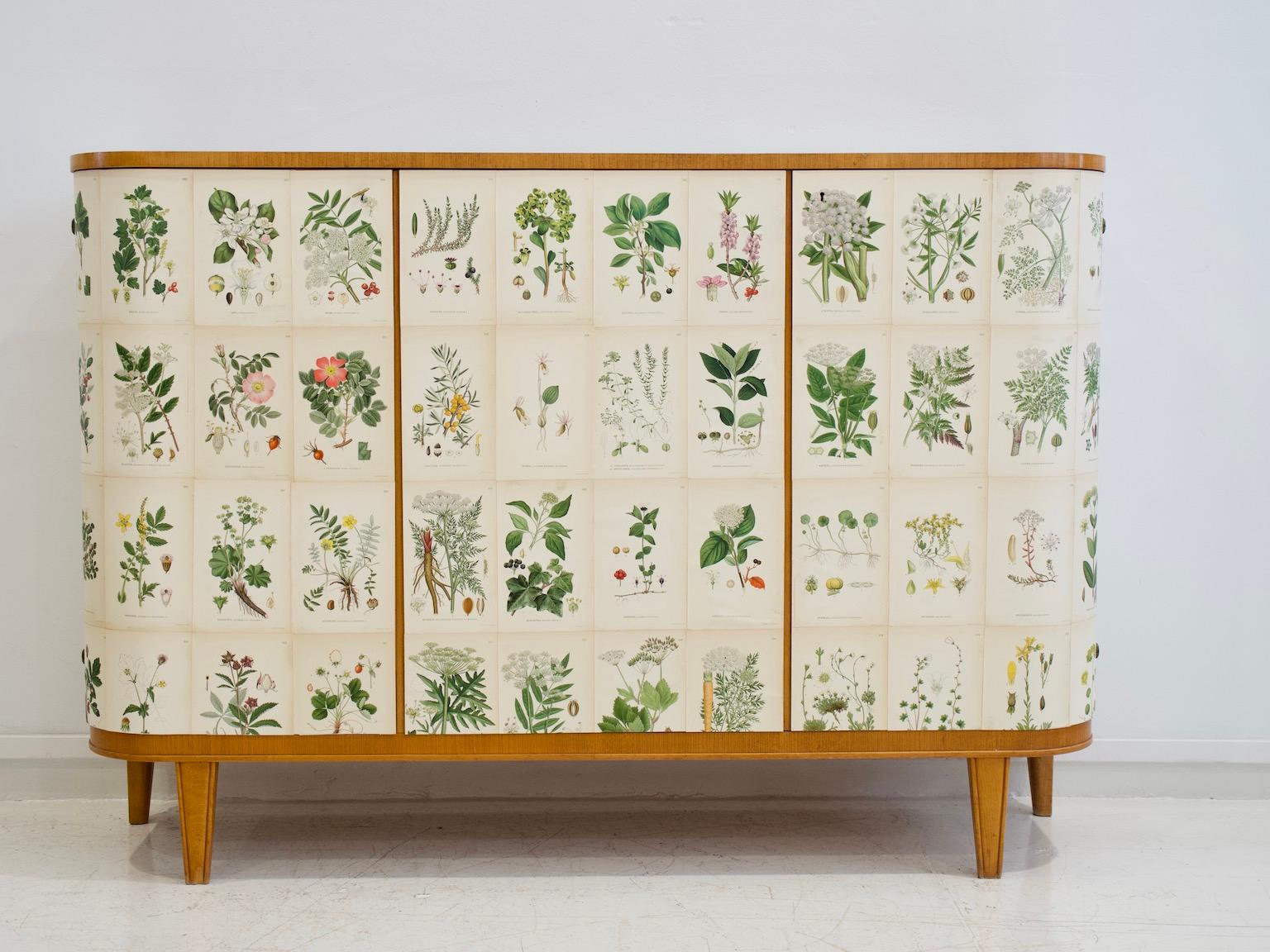 Swedish elm veneered cabinet from the 1940s, later decorated with printed paper. The flower illustrations are from the book 