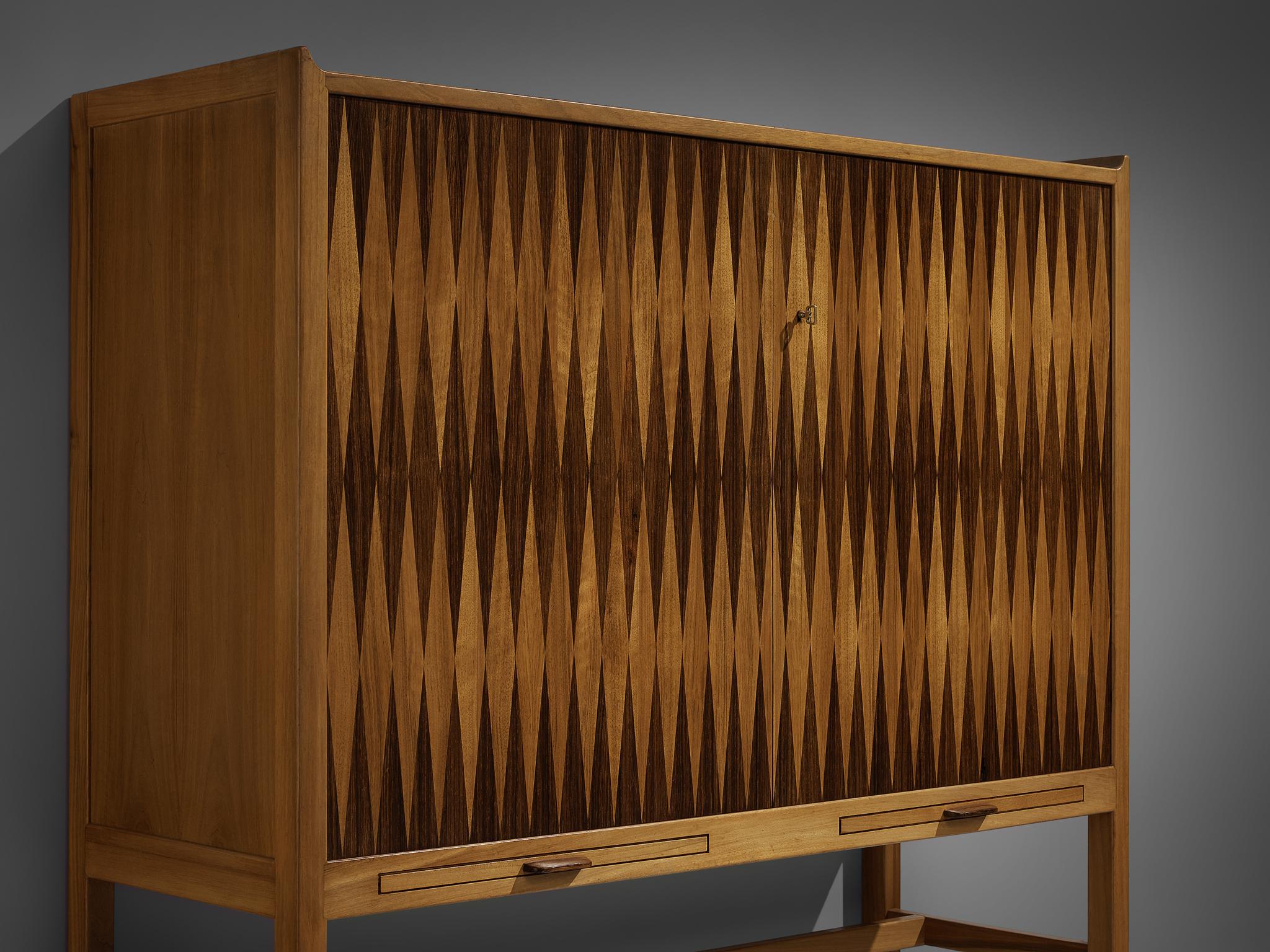 Mid-20th Century Swedish Cabinet with Geometrical Inlays in Walnut and Rosewood