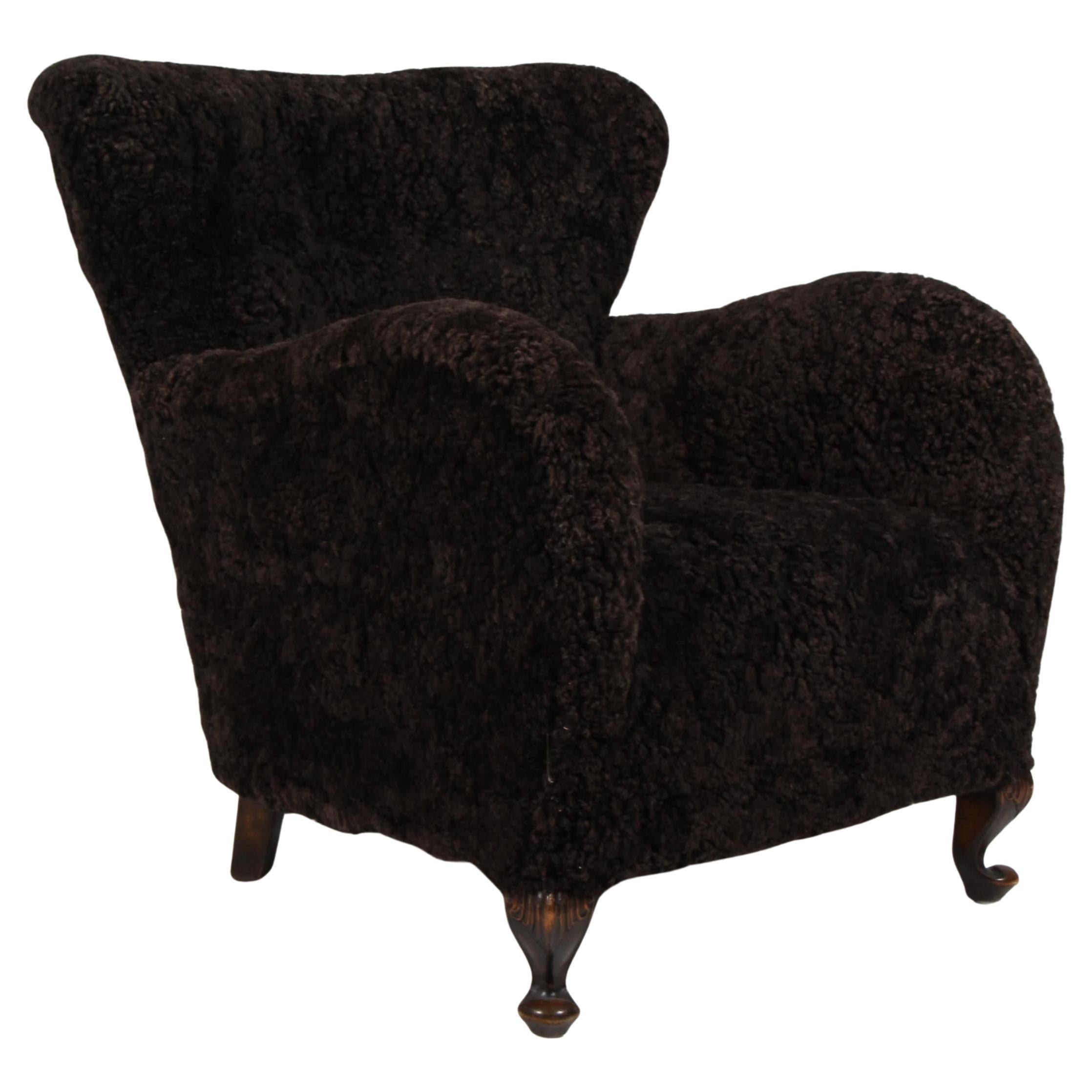 Swedish Cabinetmaker 1940s Lounge Chair, Lambskin