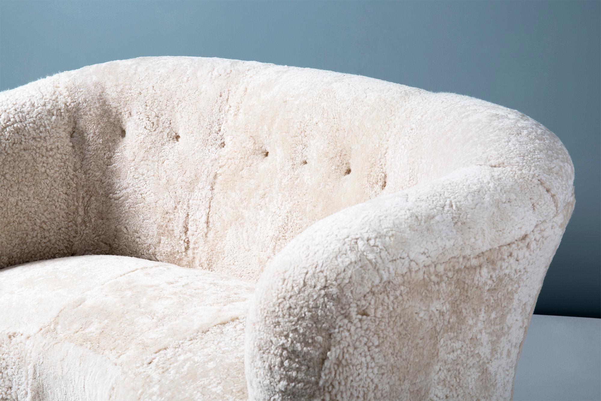 Swedish Cabinetmaker 1940s Sheepskin Loveseat Sofa 1