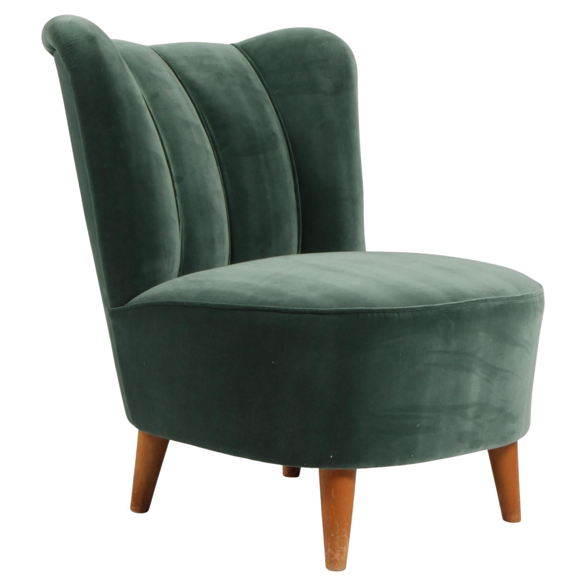 Swedish Cabinetmaker Cocktail Chair New Upholstered with Velvet, 1940s For Sale