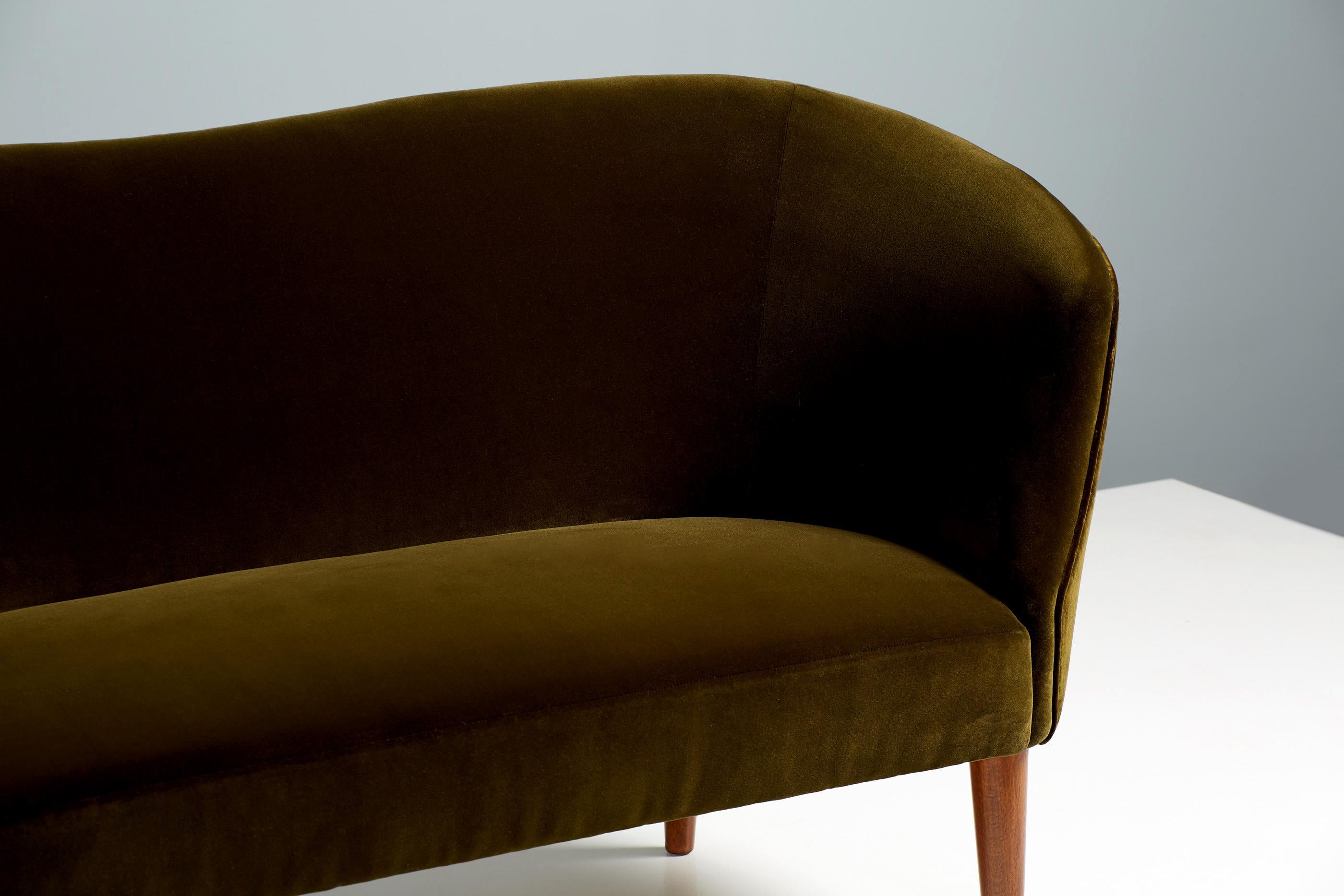 Scandinavian Modern Swedish Cabinetmaker Green Velvet Love Seat Sofa, 1950s