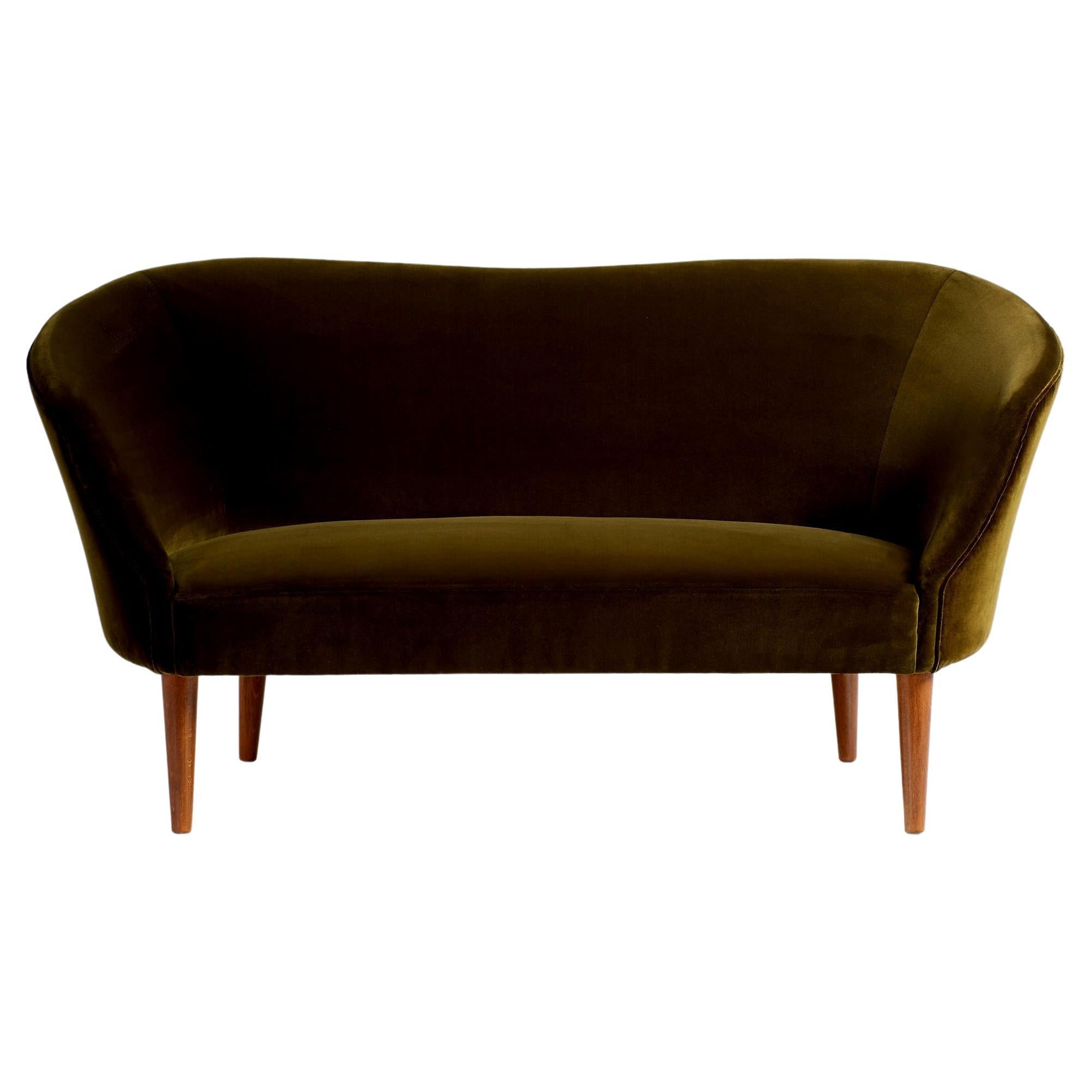 Swedish Cabinetmaker Green Velvet Love Seat Sofa, 1950s