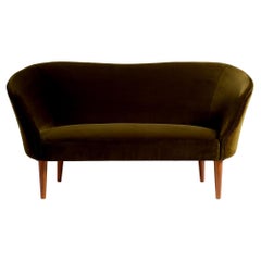 Swedish Cabinetmaker Green Velvet Love Seat Sofa, 1950s