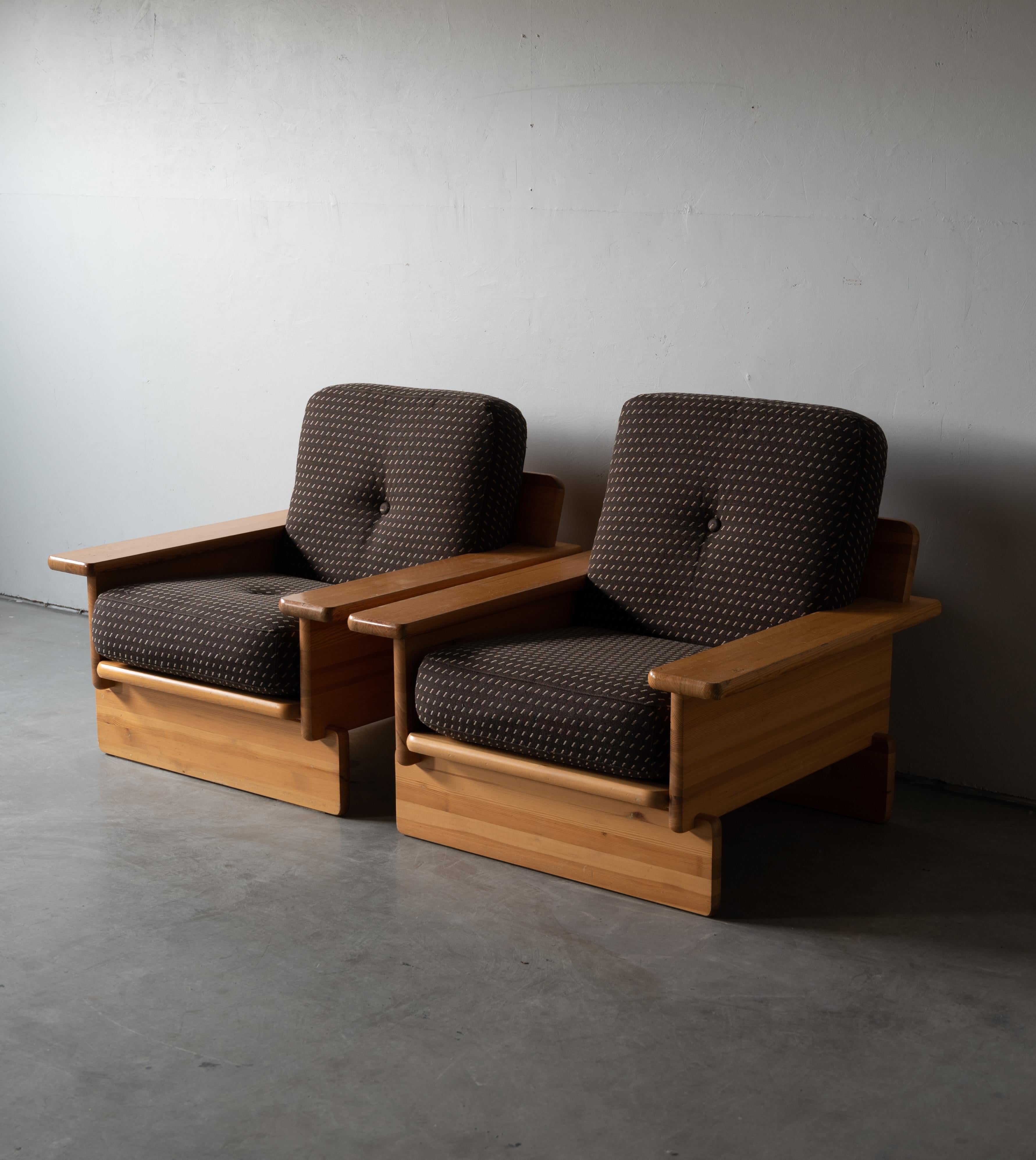 Swedish Cabinetmaker, Lounge Chairs, Solid Pine, Brown Fabric, Finland, c. 1970s 7