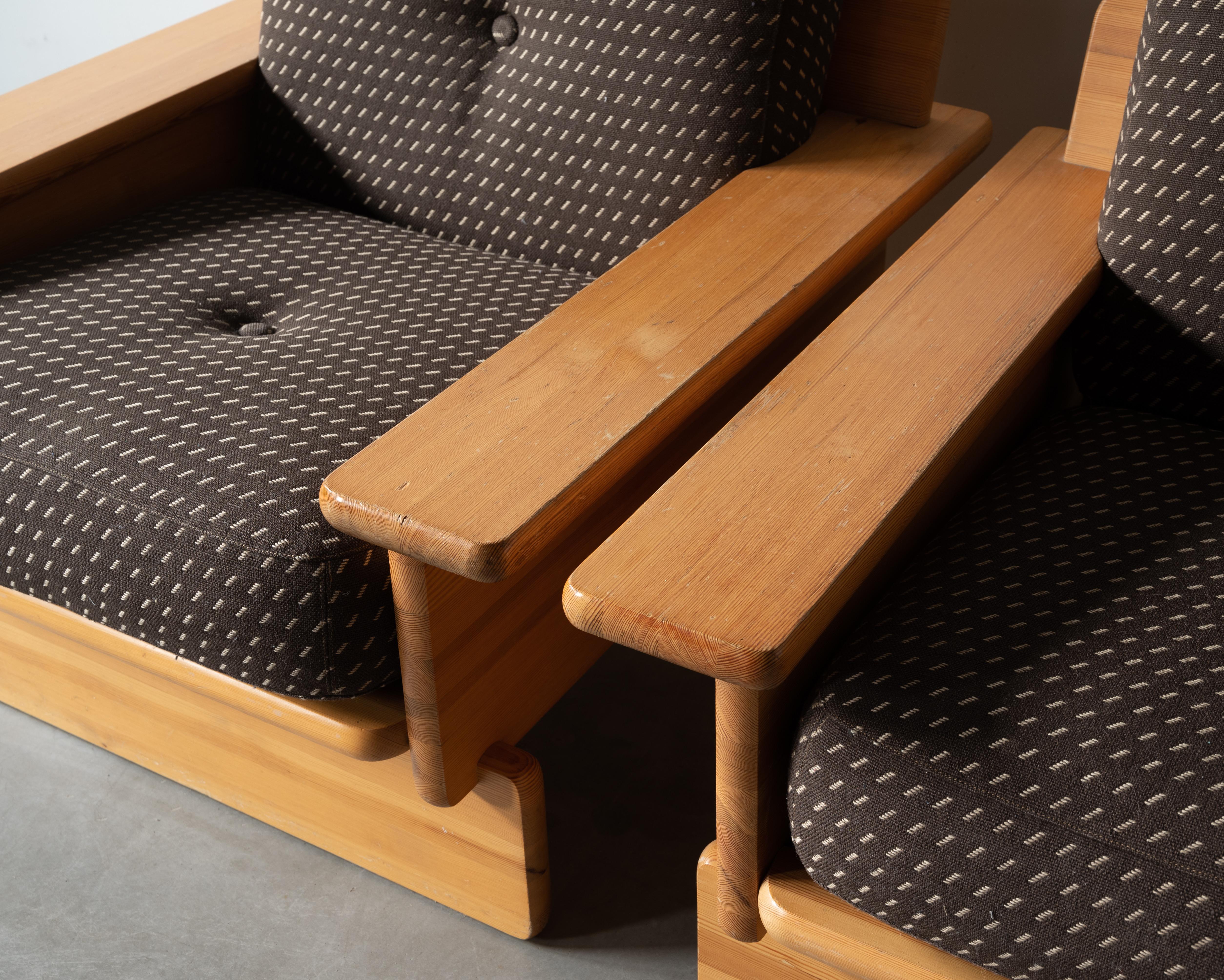 Swedish Cabinetmaker, Lounge Chairs, Solid Pine, Brown Fabric, Finland, c. 1970s 8