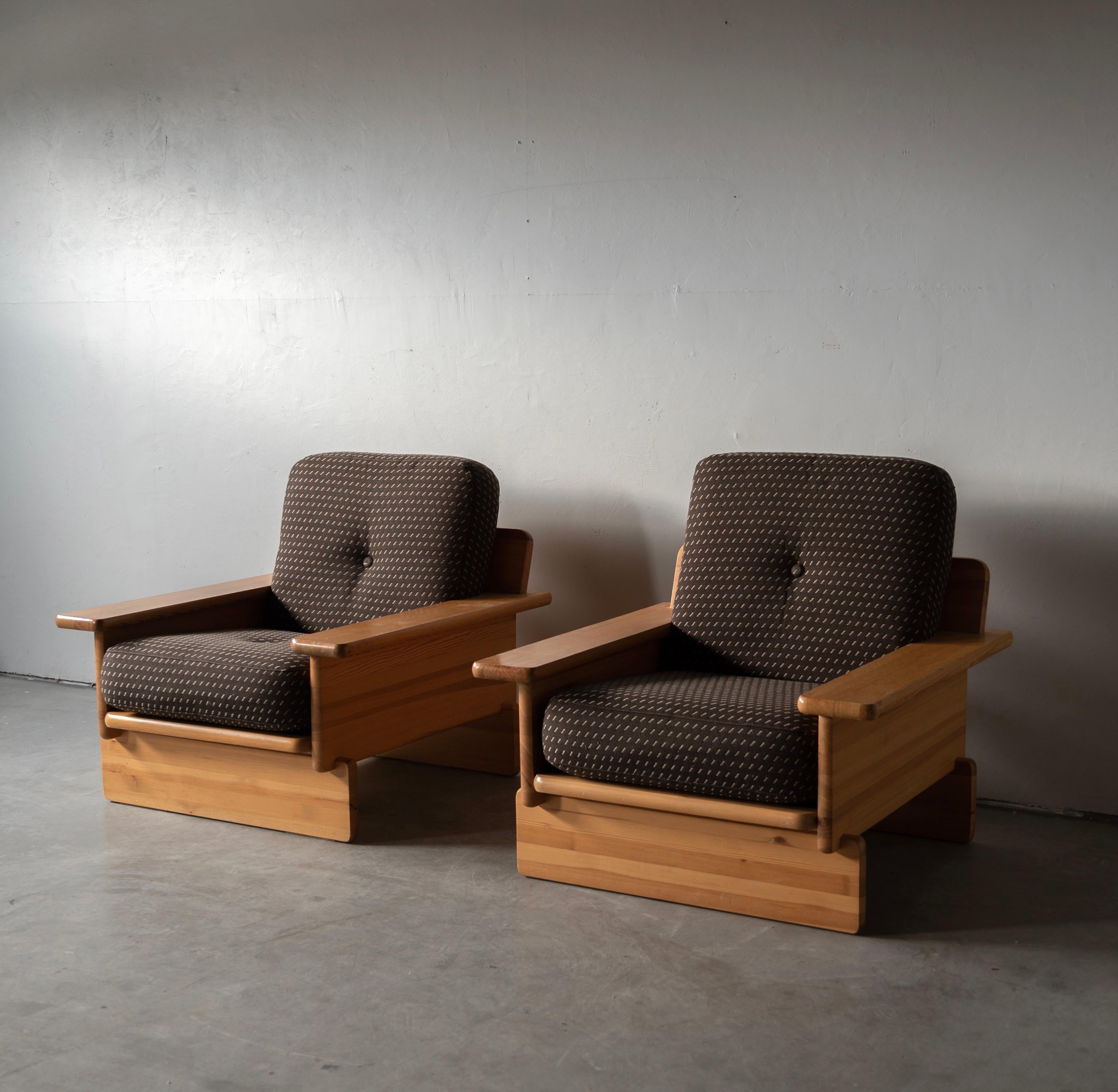 Finnish Swedish Cabinetmaker, Lounge Chairs, Solid Pine, Brown Fabric, Finland, c. 1970s