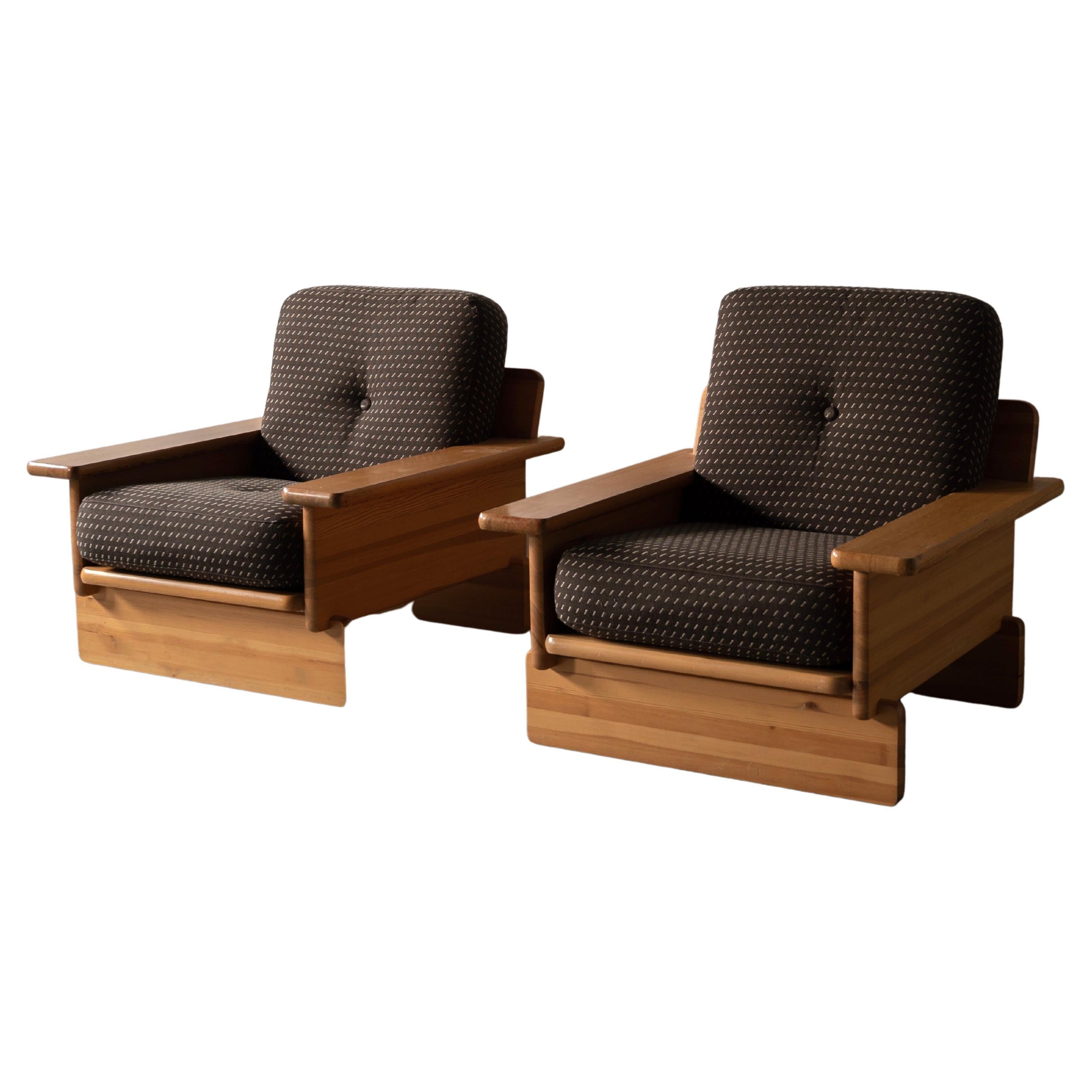 Swedish Cabinetmaker, Lounge Chairs, Solid Pine, Brown Fabric, Finland, c. 1970s
