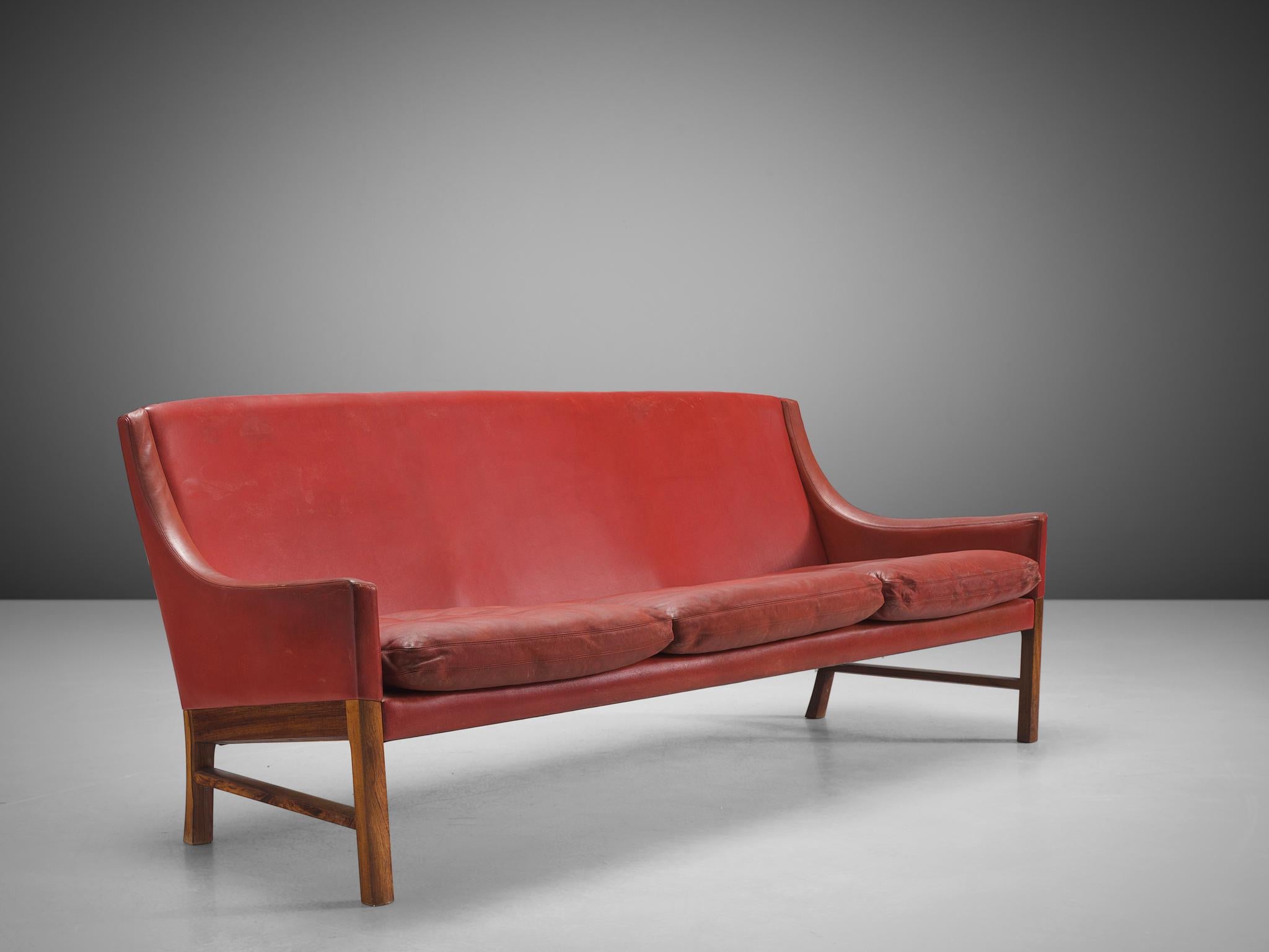 Scandinavian Modern Swedish Cabinetmaker Red Leather Settee