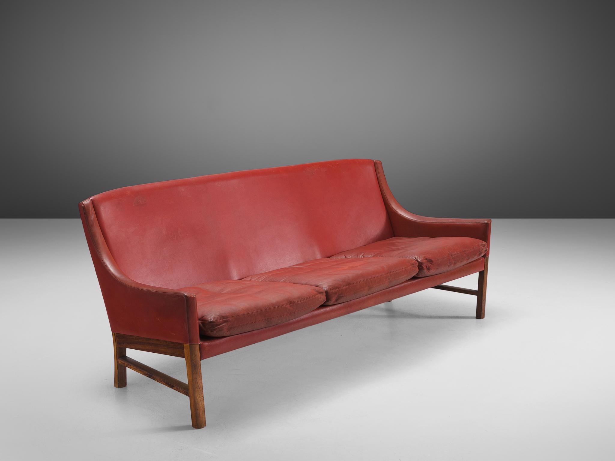 Swedish Cabinetmaker Red Leather Settee In Good Condition In Waalwijk, NL