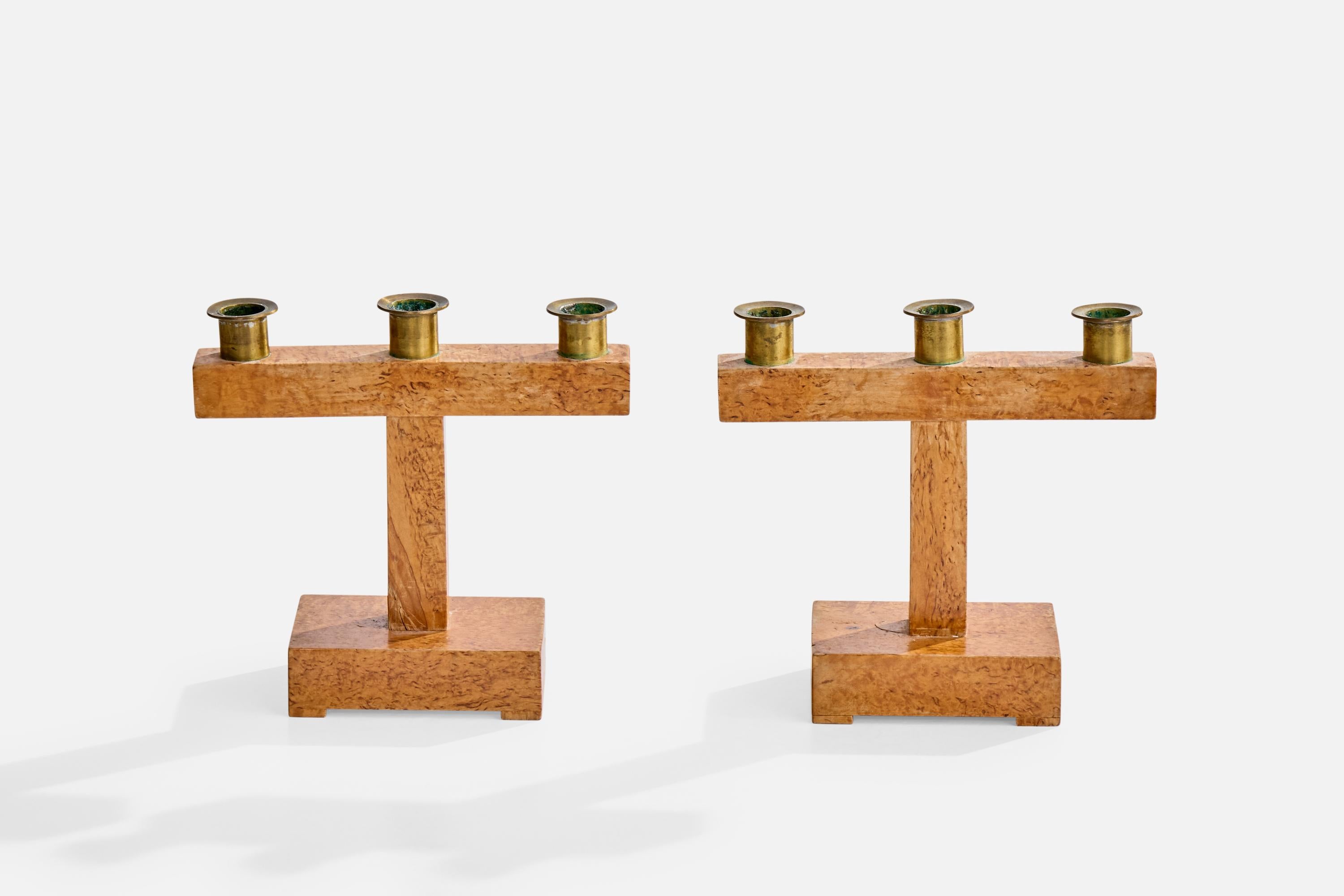 Scandinave moderne Suédois, chandeliers, bouleau Masur, laiton, Suède, années 1930 en vente