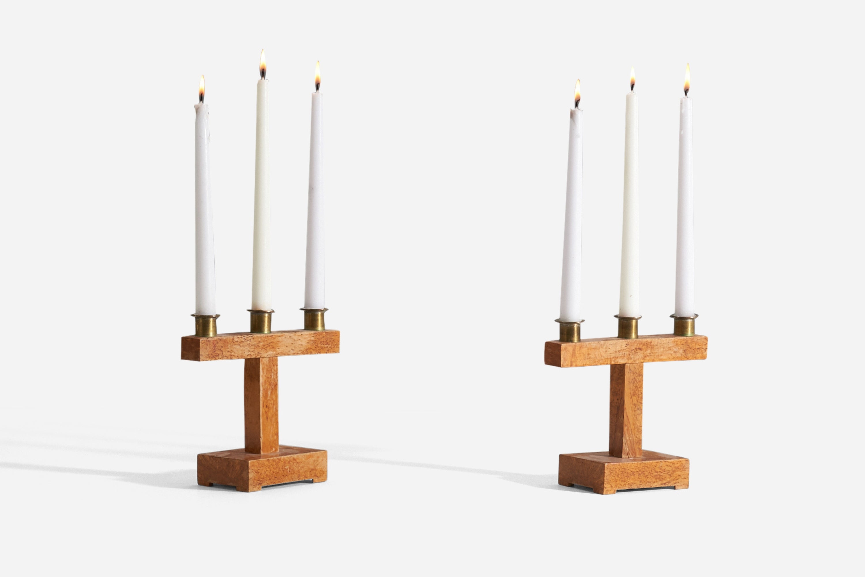 Swedish, Candelabras, Solid Masur Birch, Brass, Sweden, 1930s For Sale