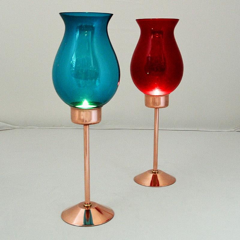 Mid-20th Century Swedish Candle Holder Pair with Coloured Glassdomes by Gnosjö Konstmide, 1960s