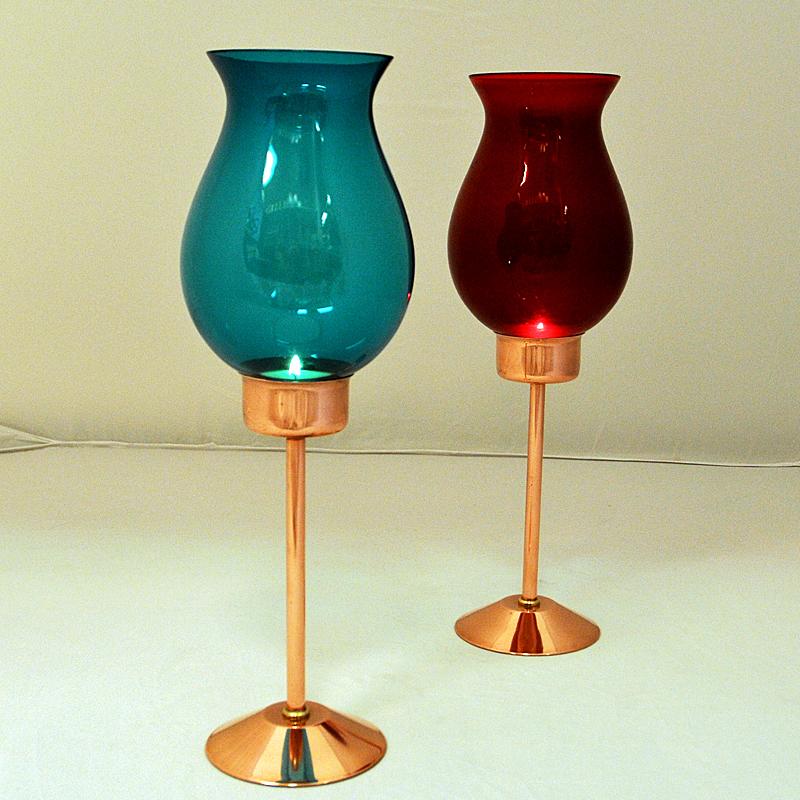 Copper Swedish Candle Holder Pair with Coloured Glassdomes by Gnosjö Konstmide, 1960s