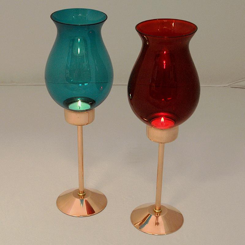 Swedish Candle Holder Pair with Coloured Glassdomes by Gnosjö Konstmide, 1960s 2