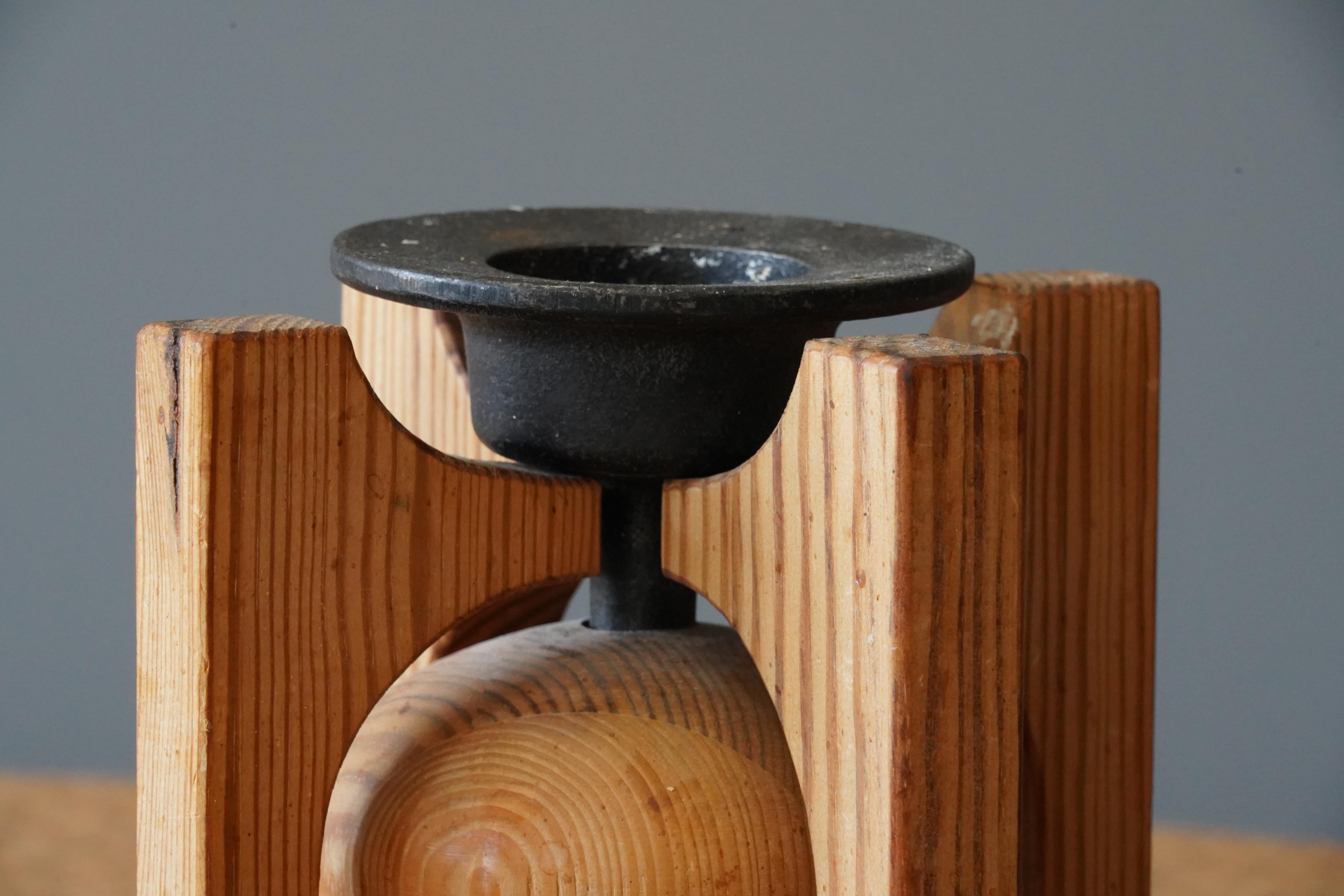 Swedish, Candle Holder, Solid Pine, Painted Cast Iron, Sweden, 1960s In Good Condition In High Point, NC