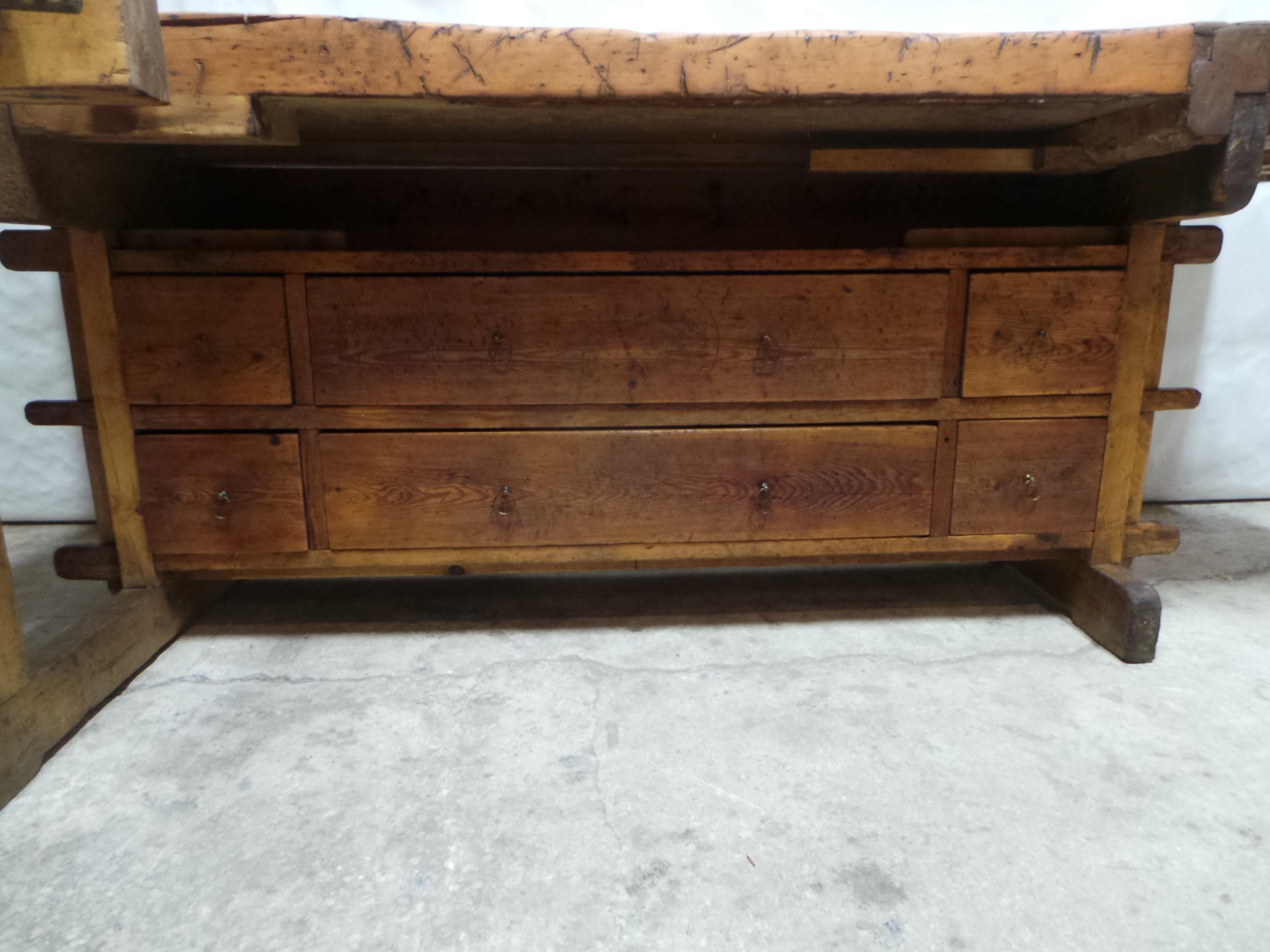 Pine Swedish Carpenter Work Bench 6 Drawer For Sale