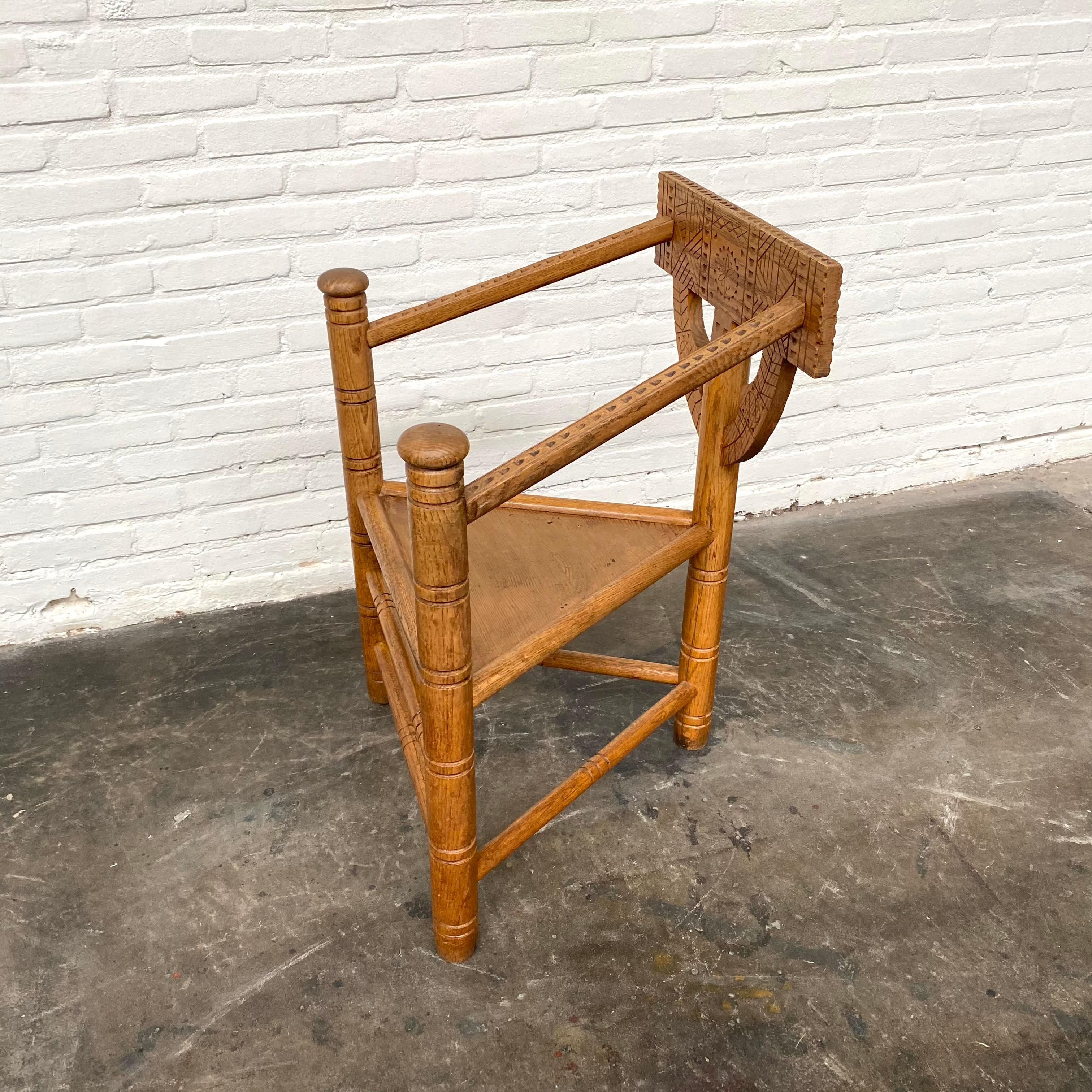 Brutalist Swedish Carved Oak Monk Chair, 1930s, Handmade