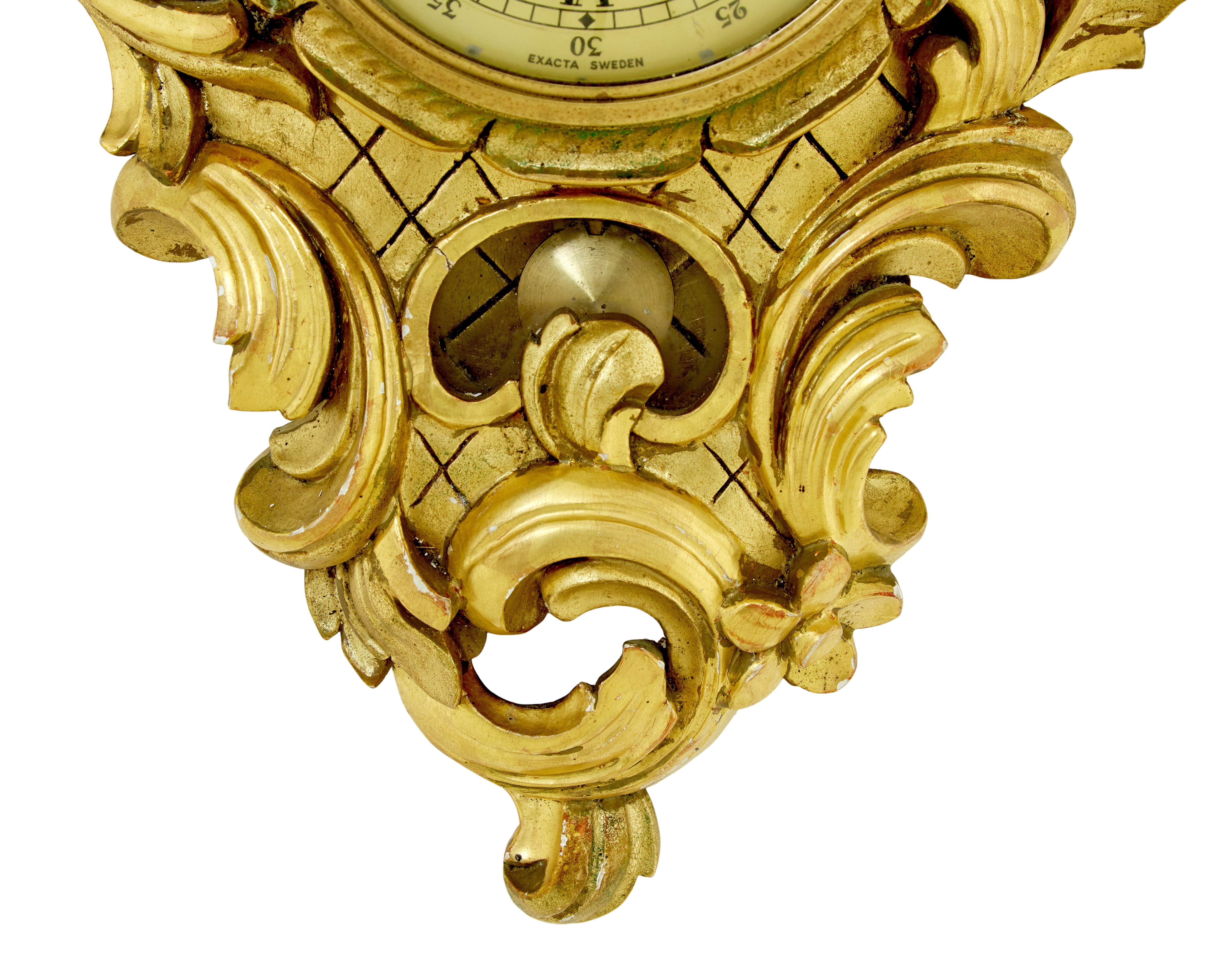 Carved Swedish carved rococo revival gilt wall clock For Sale