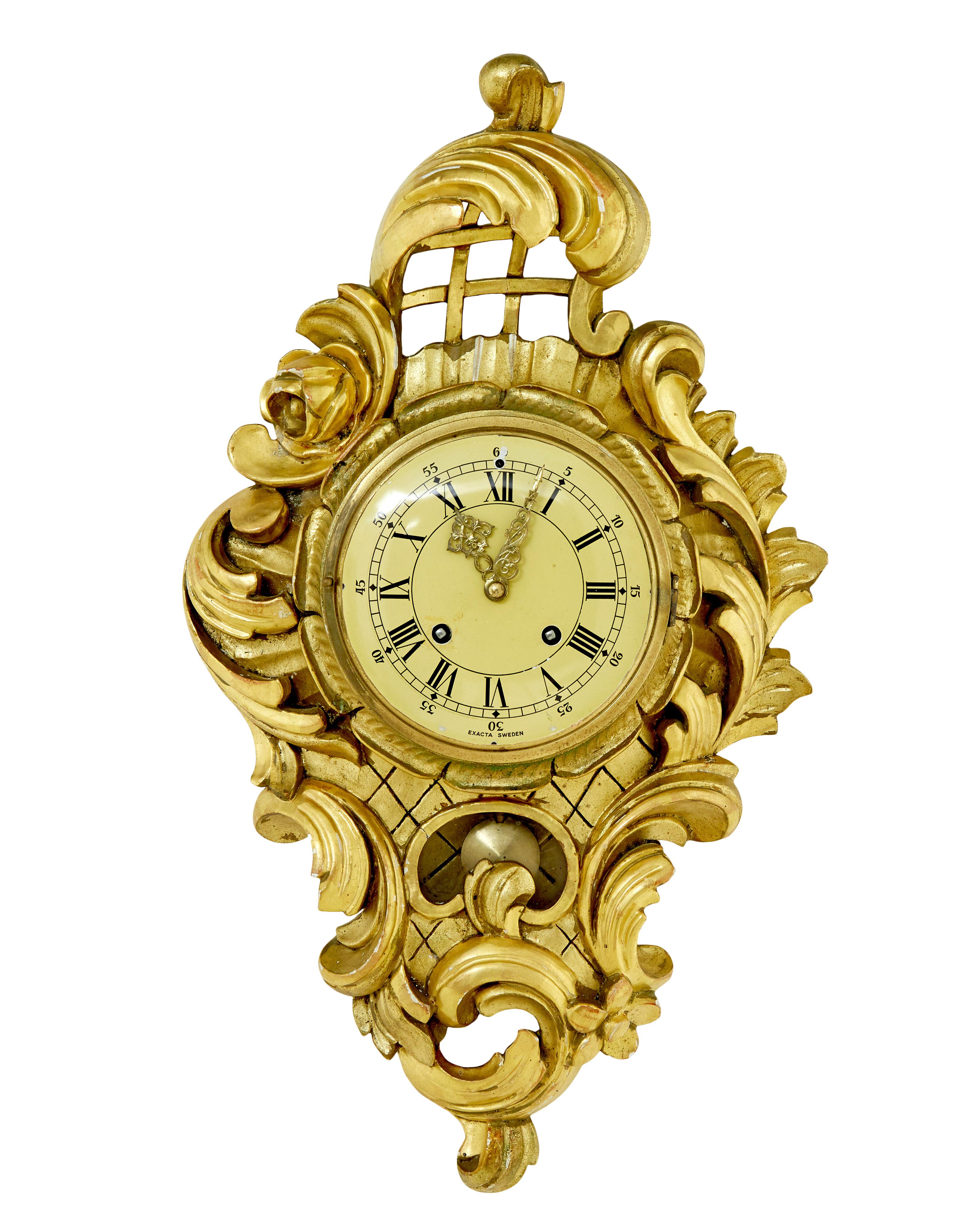Swedish carved rococo revival gilt wall clock In Good Condition For Sale In Debenham, Suffolk