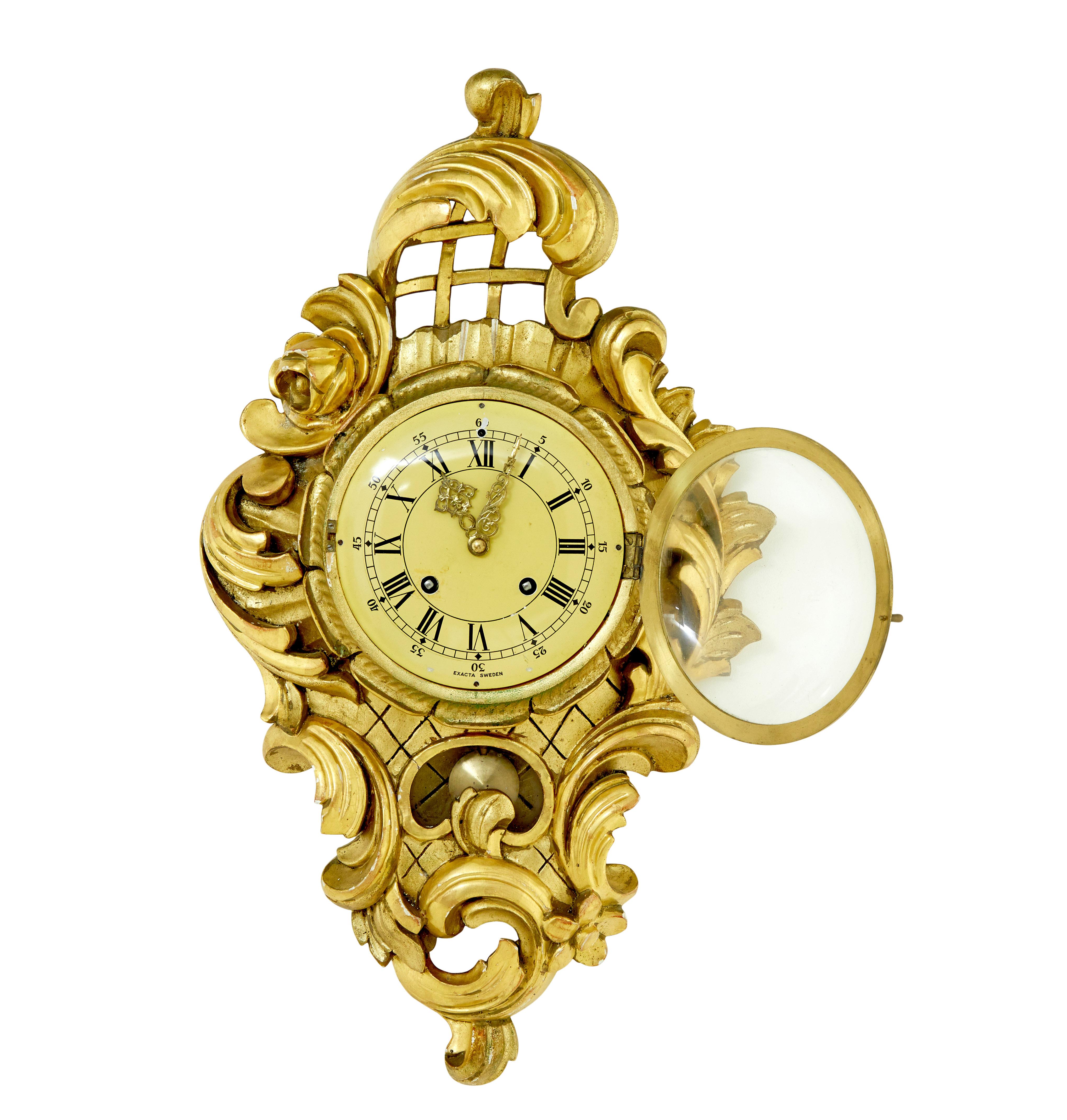 20th Century Swedish carved rococo revival gilt wall clock For Sale