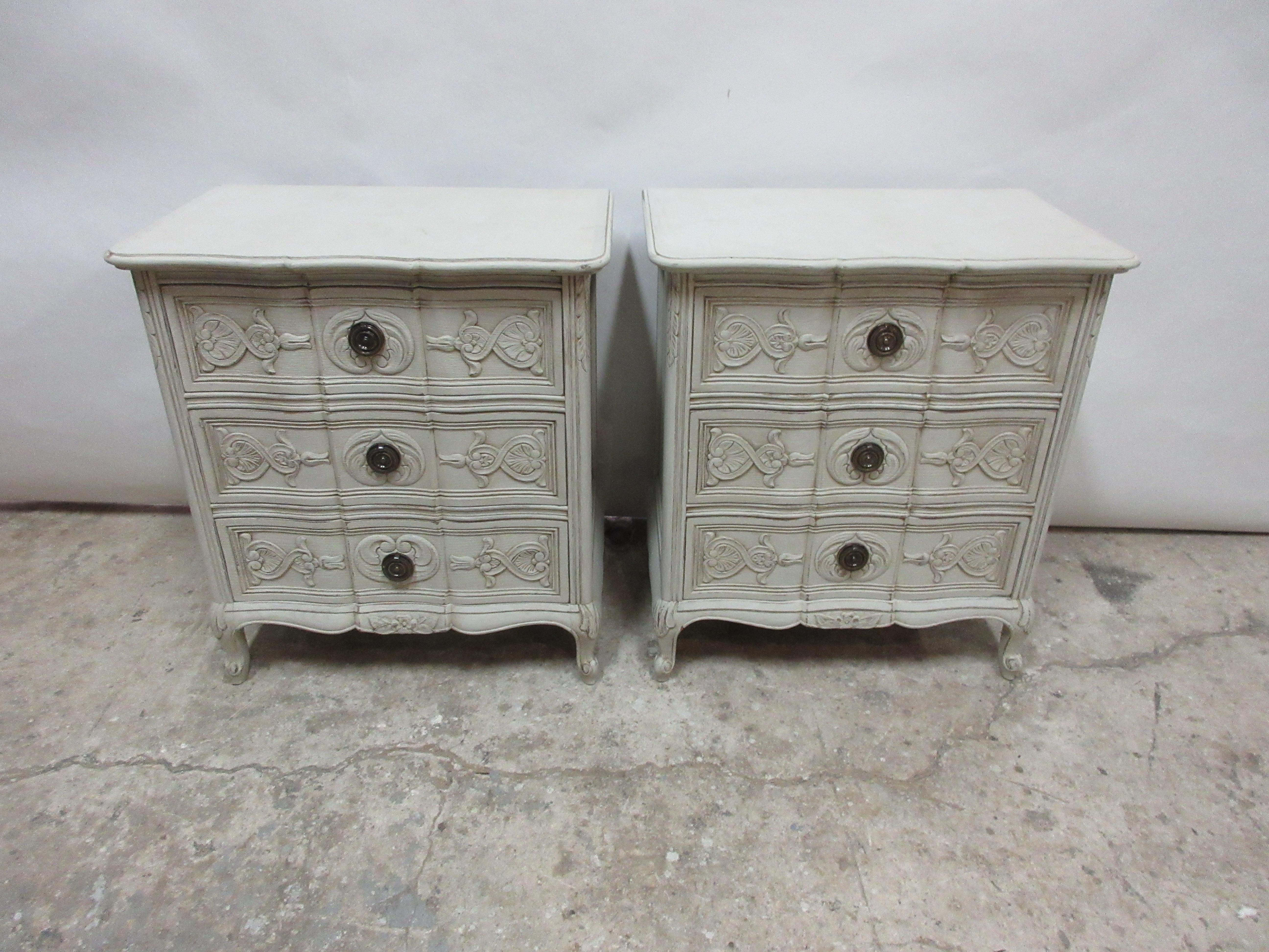 This is a set of 2 Swedish carved Rococo style nightstands. They have been restored and repainted with milk paints 