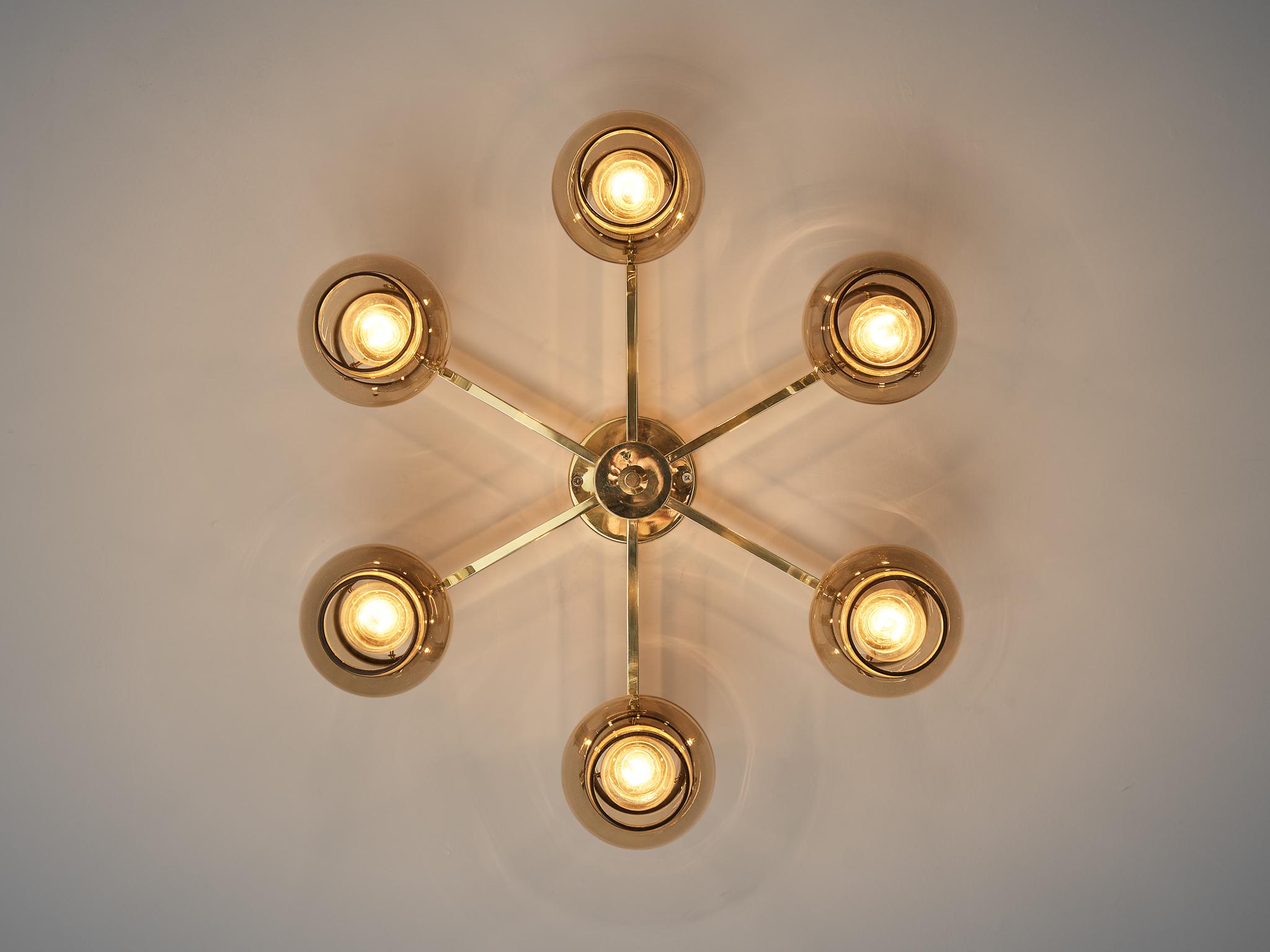 Swedish Ceiling Lamp in Brass with Smoked Glass Shades  In Good Condition For Sale In Waalwijk, NL