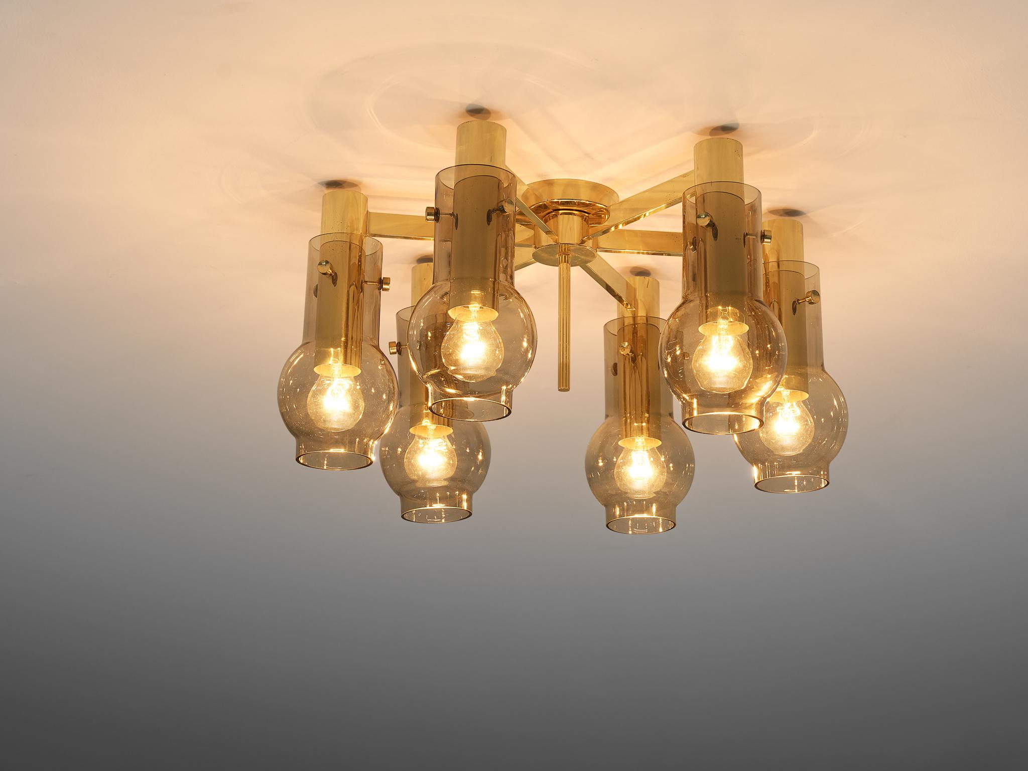 Mid-20th Century Swedish Ceiling Lamp in Brass with Smoked Glass Shades  For Sale