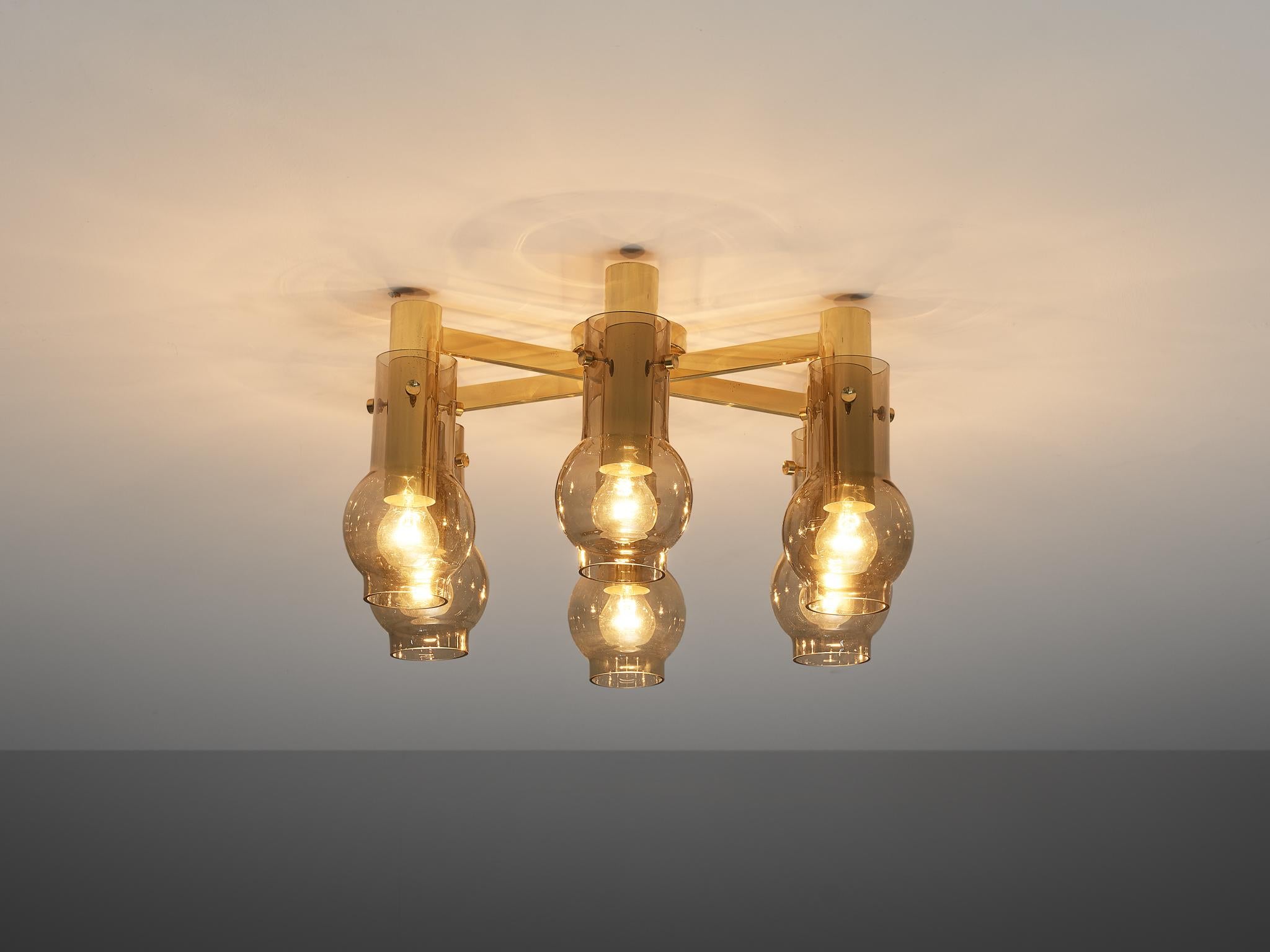 Swedish Ceiling Lamp in Brass with Smoked Glass Shades  For Sale 2