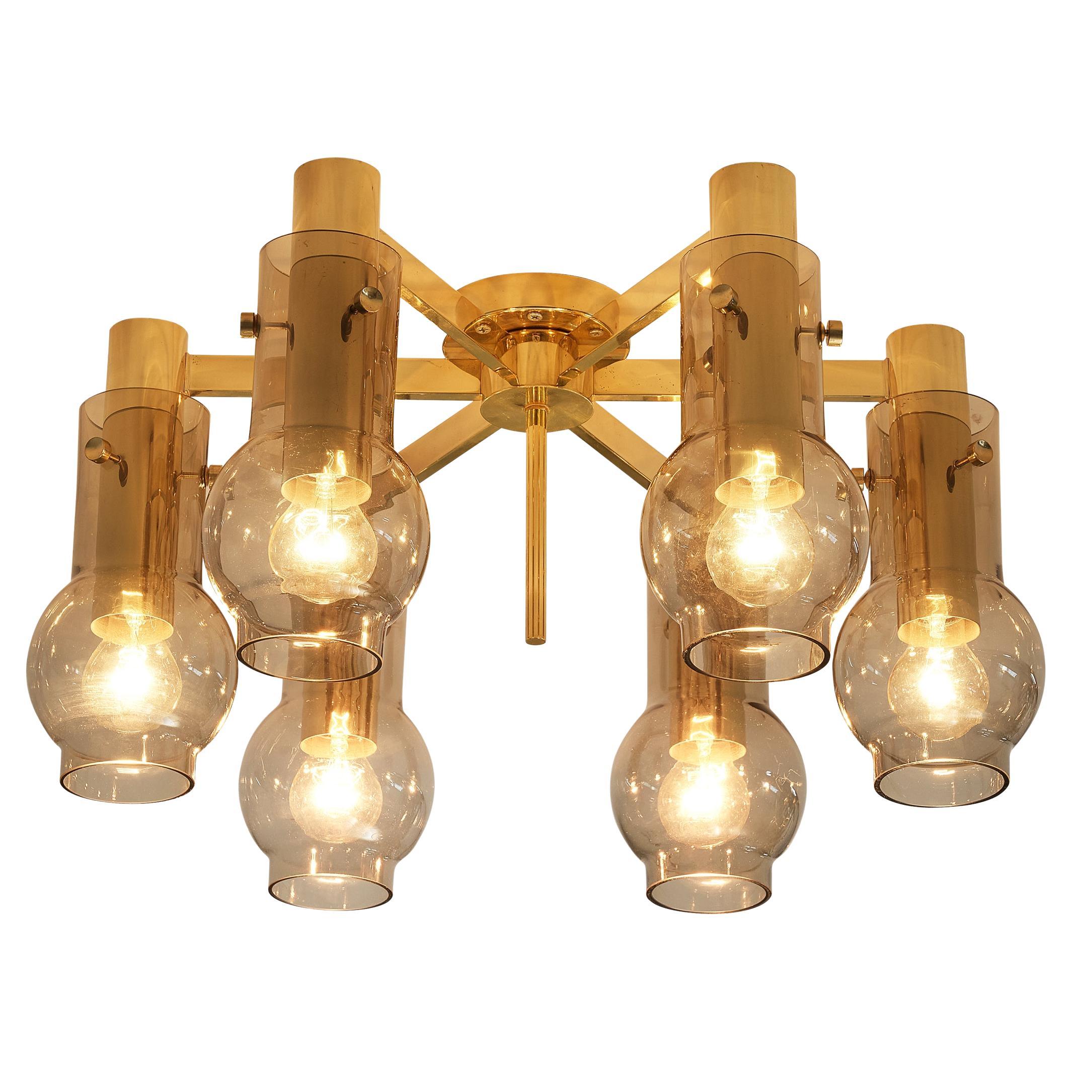 Swedish Ceiling Lamp in Brass with Smoked Glass Shades  For Sale