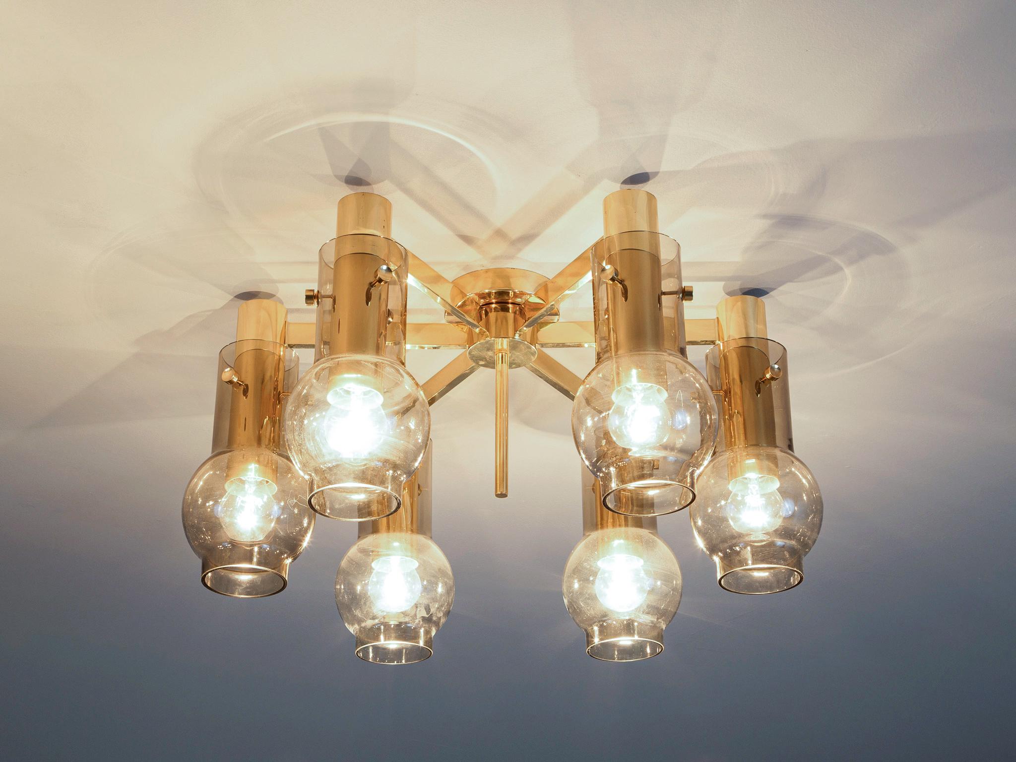 Scandinavian Modern Swedish Ceiling Lamps in Brass with Smoked Glass Shades