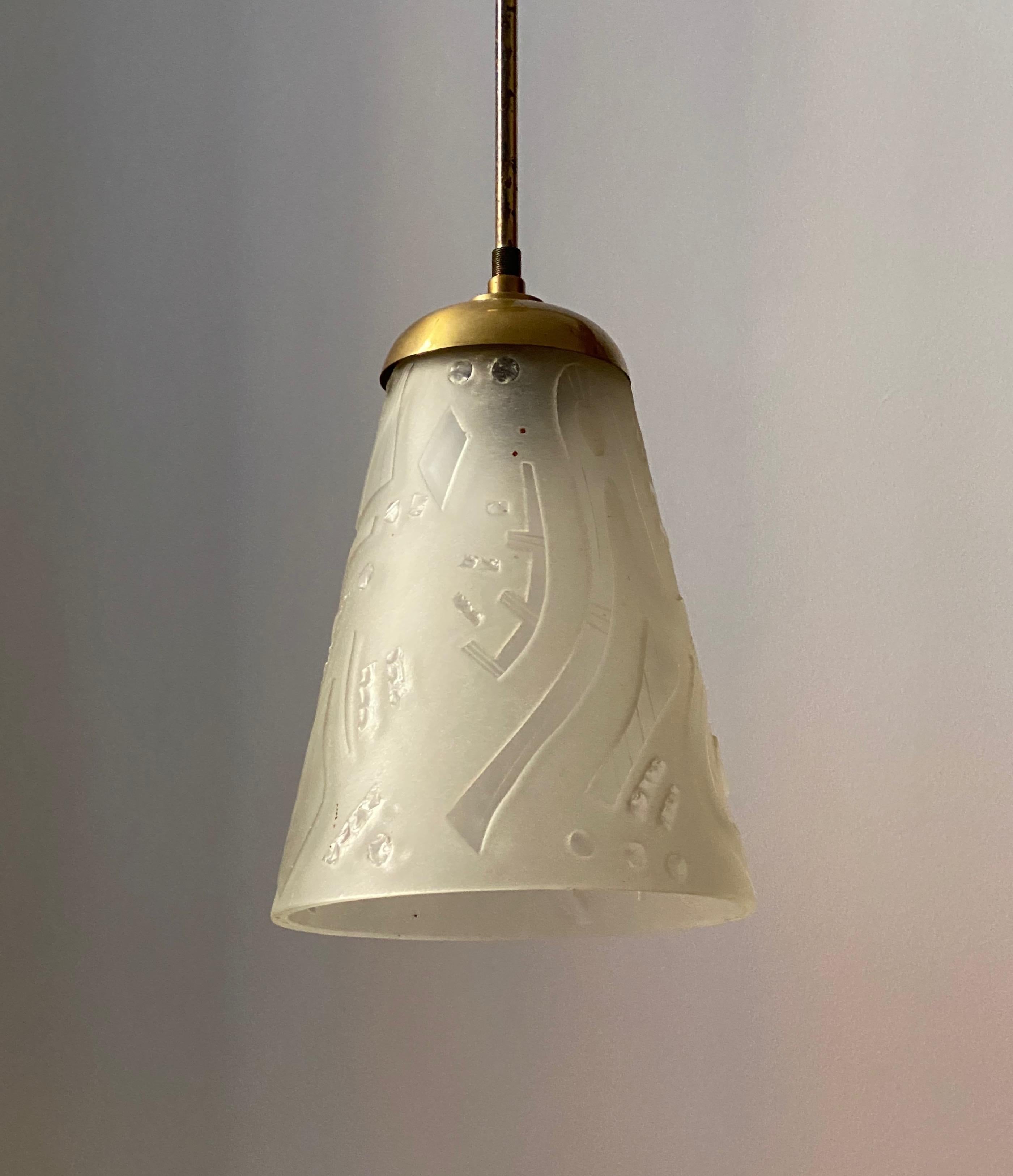 Mid-Century Modern Swedish, Ceiling Light, Cut & Frosted Glass, Brass, Sweden, 1940s For Sale