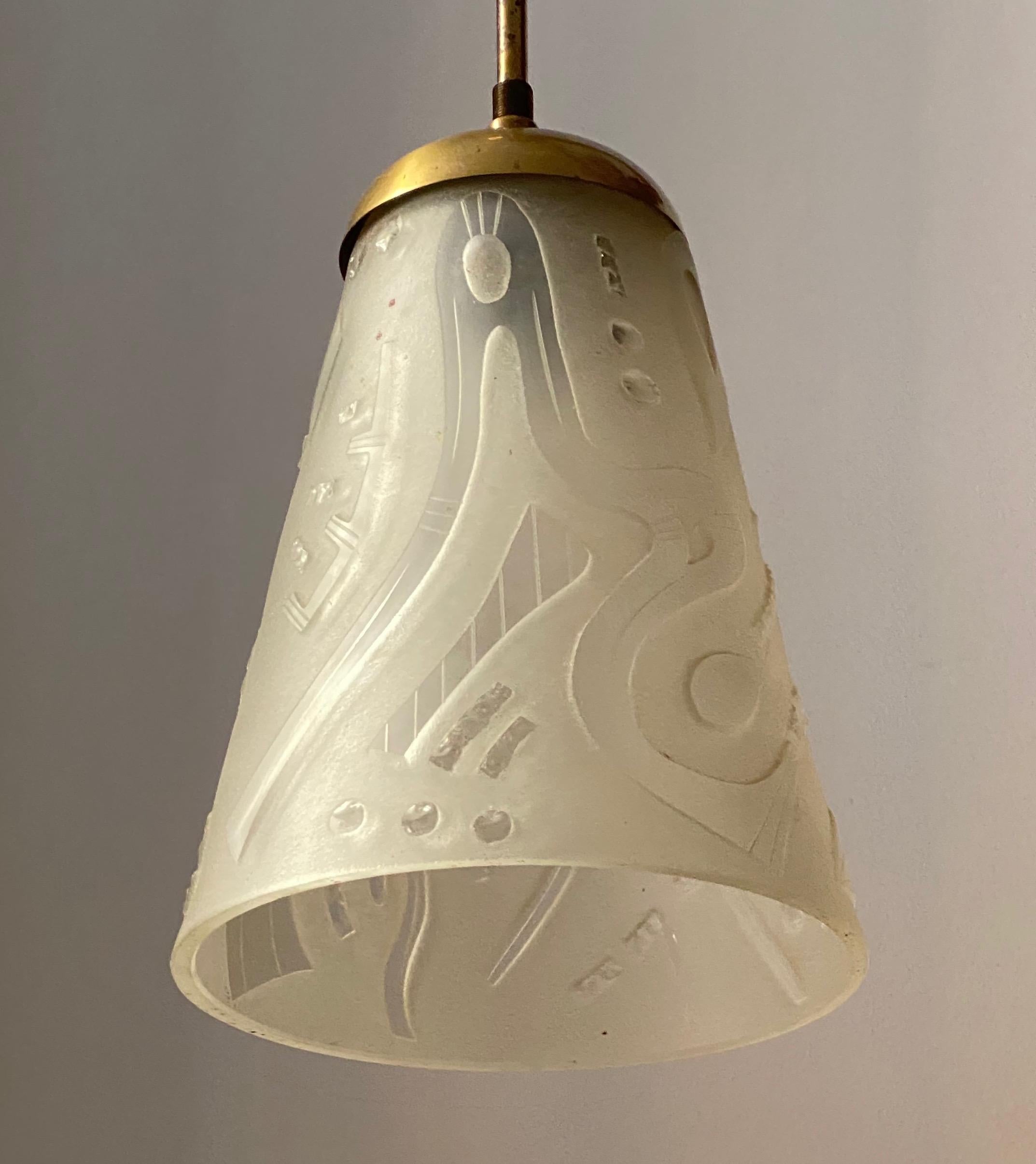 Swedish, Ceiling Light, Cut & Frosted Glass, Brass, Sweden, 1940s In Fair Condition For Sale In High Point, NC