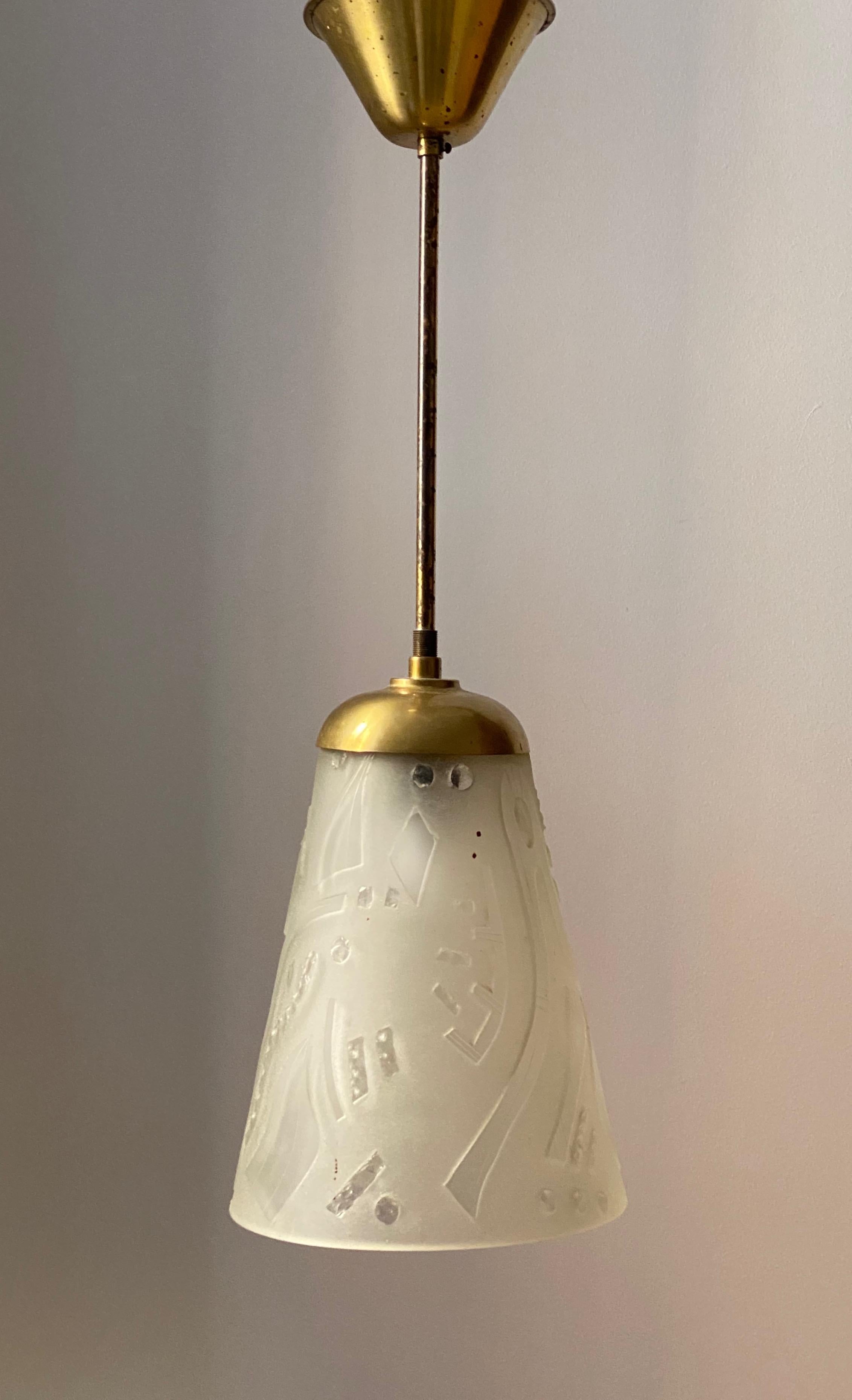 Mid-20th Century Swedish, Ceiling Light, Cut & Frosted Glass, Brass, Sweden, 1940s For Sale