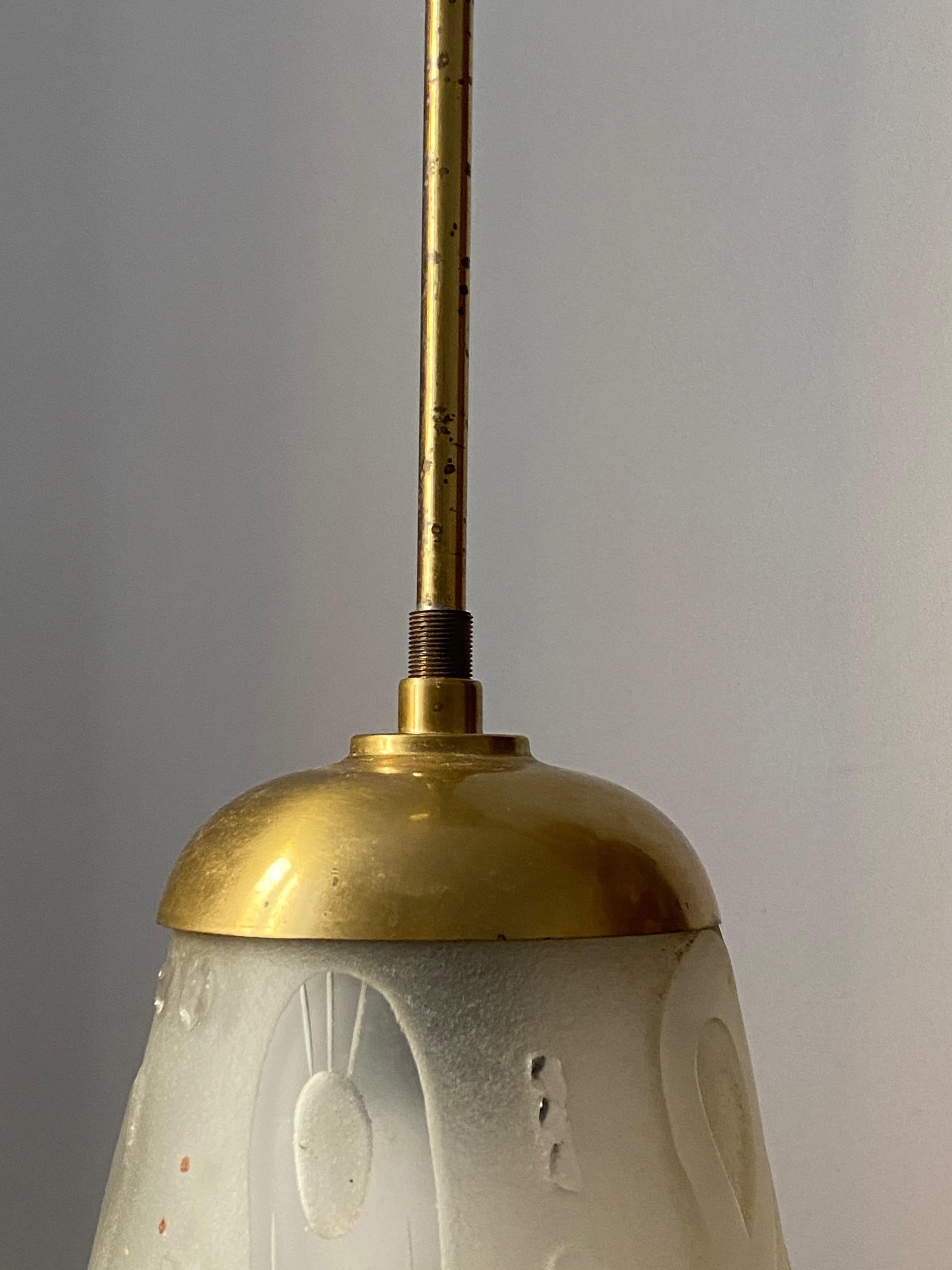 Swedish, Ceiling Light, Cut & Frosted Glass, Brass, Sweden, 1940s For Sale 1