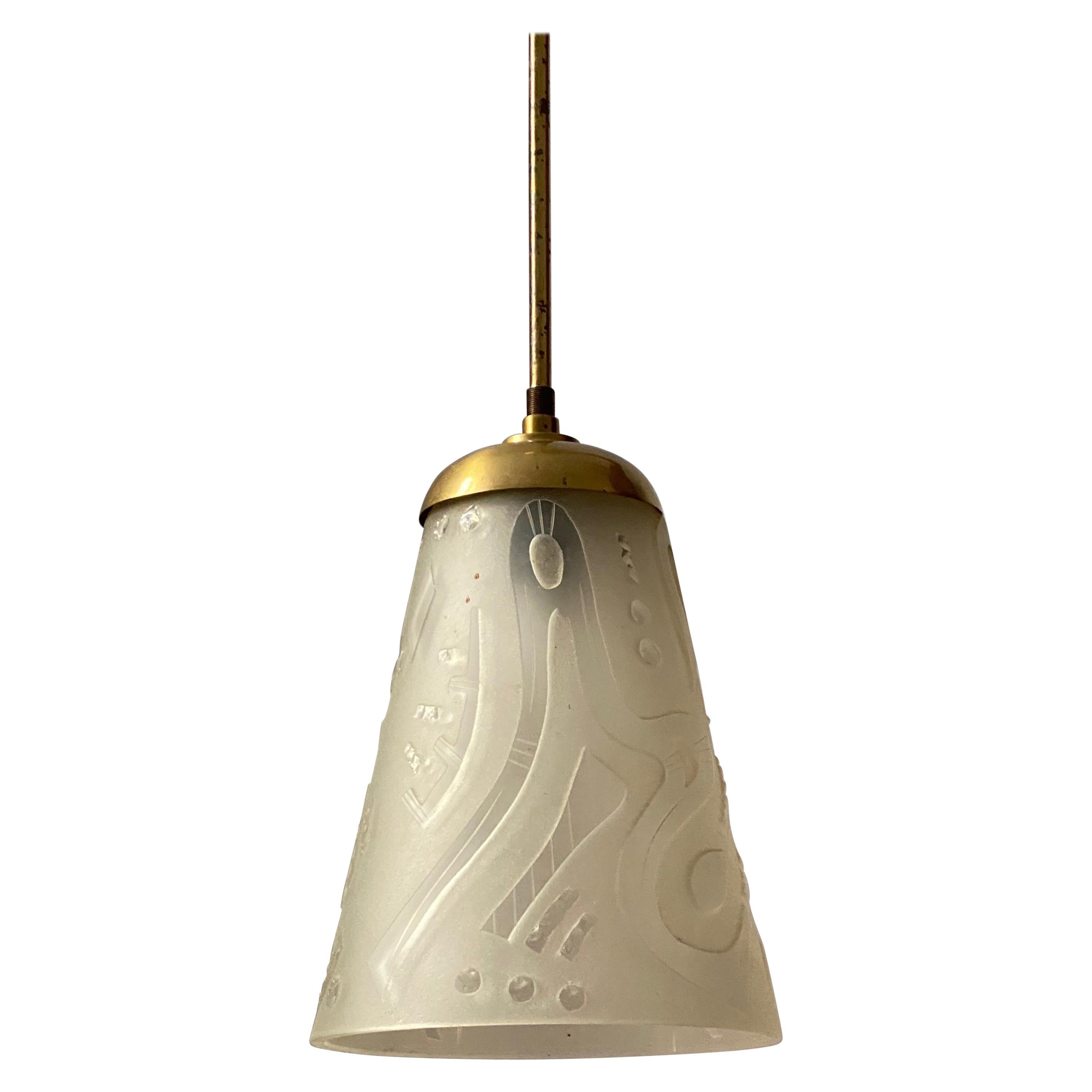 Swedish, Ceiling Light, Cut & Frosted Glass, Brass, Sweden, 1940s For Sale