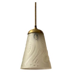 Swedish, Ceiling Light, Cut & Frosted Glass, Brass, Sweden, 1940s