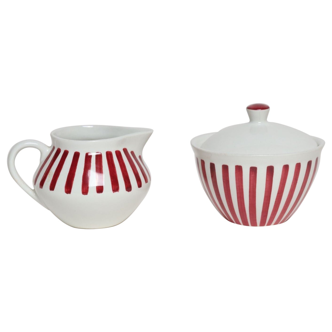 Sucre et crémier en céramique suédoise à rayures rouges par Karin Björquist pour Gustavsberg en vente