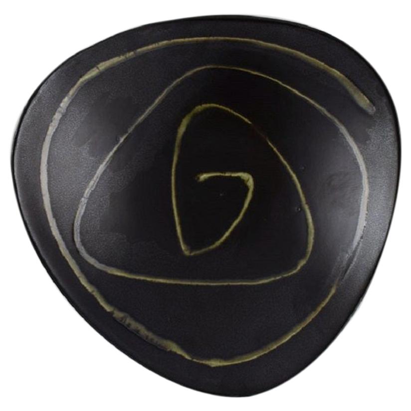 Swedish Ceramicist, Bowl in Black Glazed Ceramics with Abstract Motif