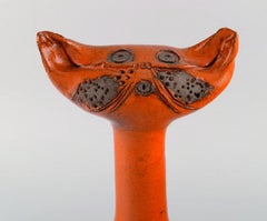 Swedish Ceramicist, Unique Sculpture in Orange Glazed Stoneware, Cat, 1970s