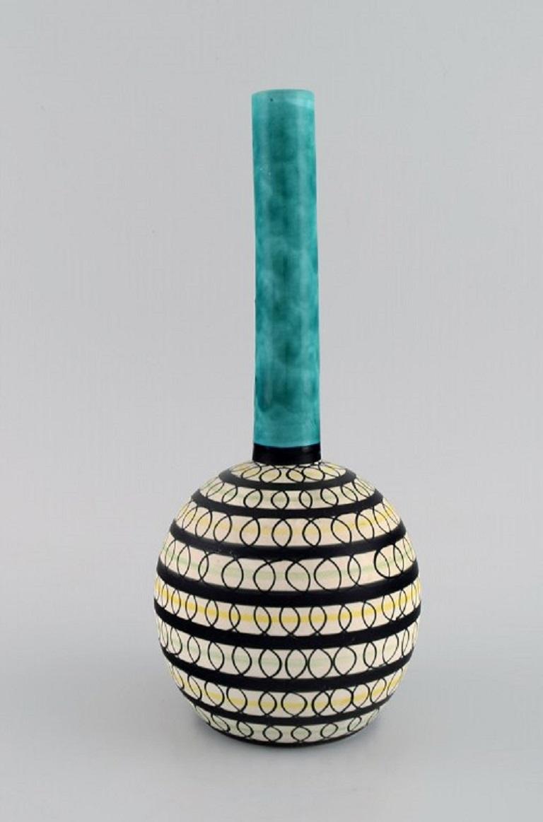 Scandinavian Modern Swedish ceramicist, Unique vase in glazed stoneware, Colorful decoration For Sale