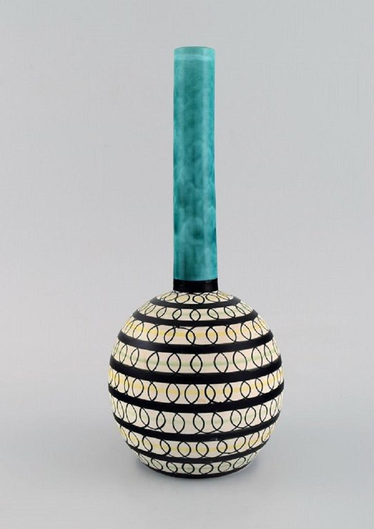 Glazed Swedish ceramicist, Unique vase in glazed stoneware, Colorful decoration For Sale